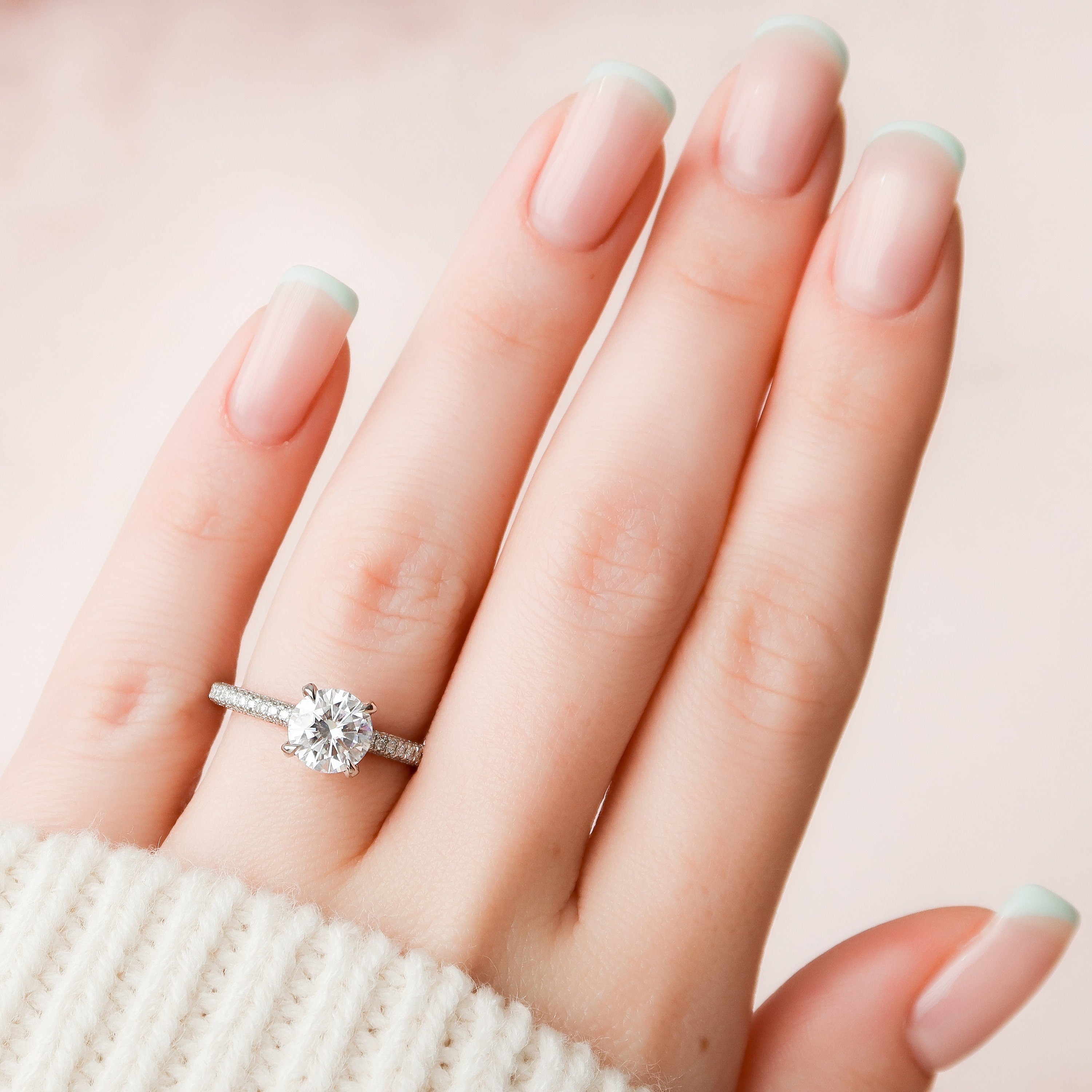 1.50CT Round Three Sided Pave Moissanite Diamond Engagement Ring In Solid Gold