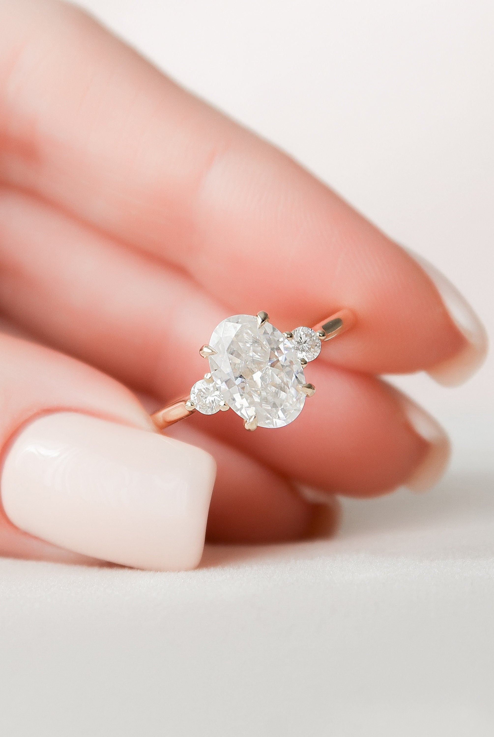 2.0CT Elongated Oval Three Stone Moissanite Diamond Hidden Halo Engagement Ring