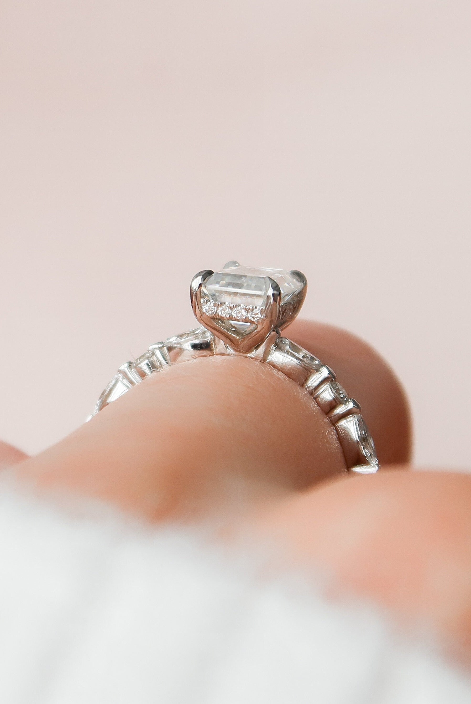 2.0CT Hidden Halo Emerald Cut Pave Moissanite Diamond Engagement Ring
