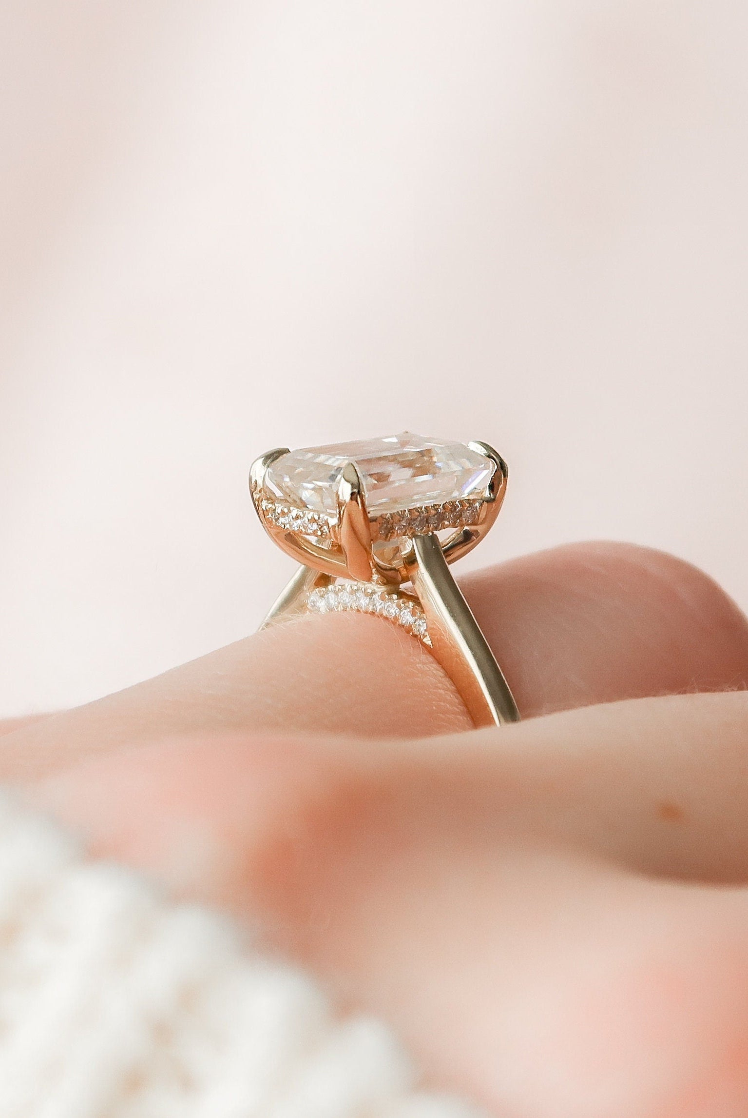 3.0CT Cathedral Set Emerald Cut Moissanite Diamond Hidden Halo Engagement Ring