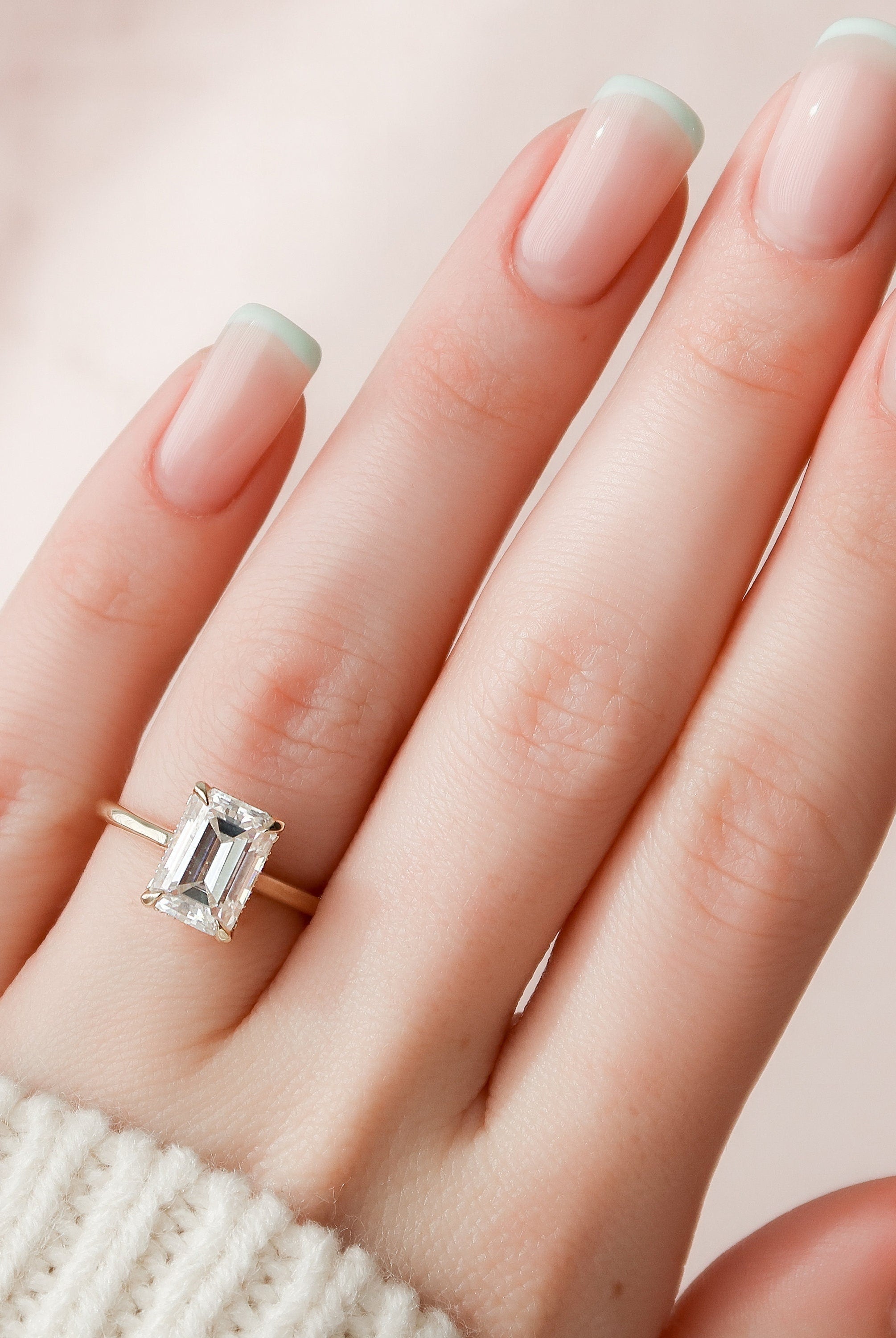 3.0CT Cathedral Set Emerald Cut Moissanite Diamond Hidden Halo Engagement Ring
