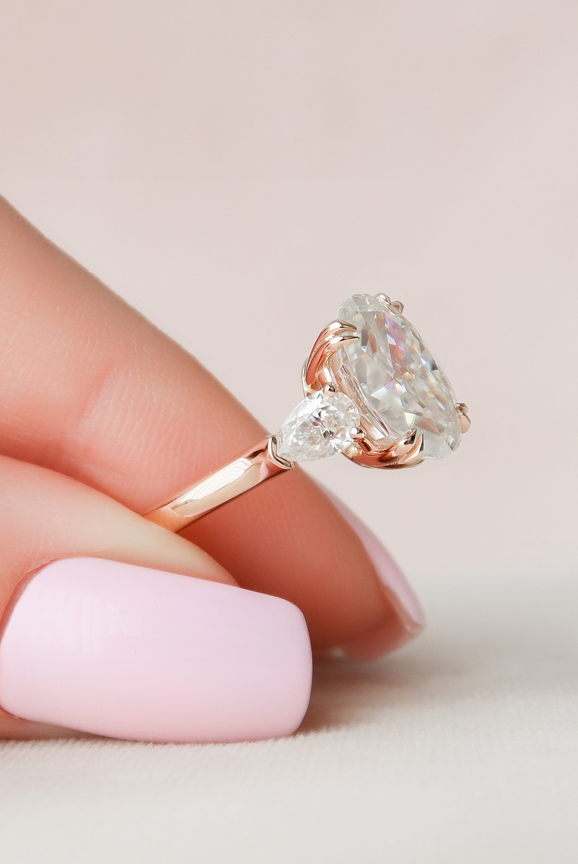 3.5CT Oval Three Stone Moissanite Diamond Two Claw Prong Engagement Ring