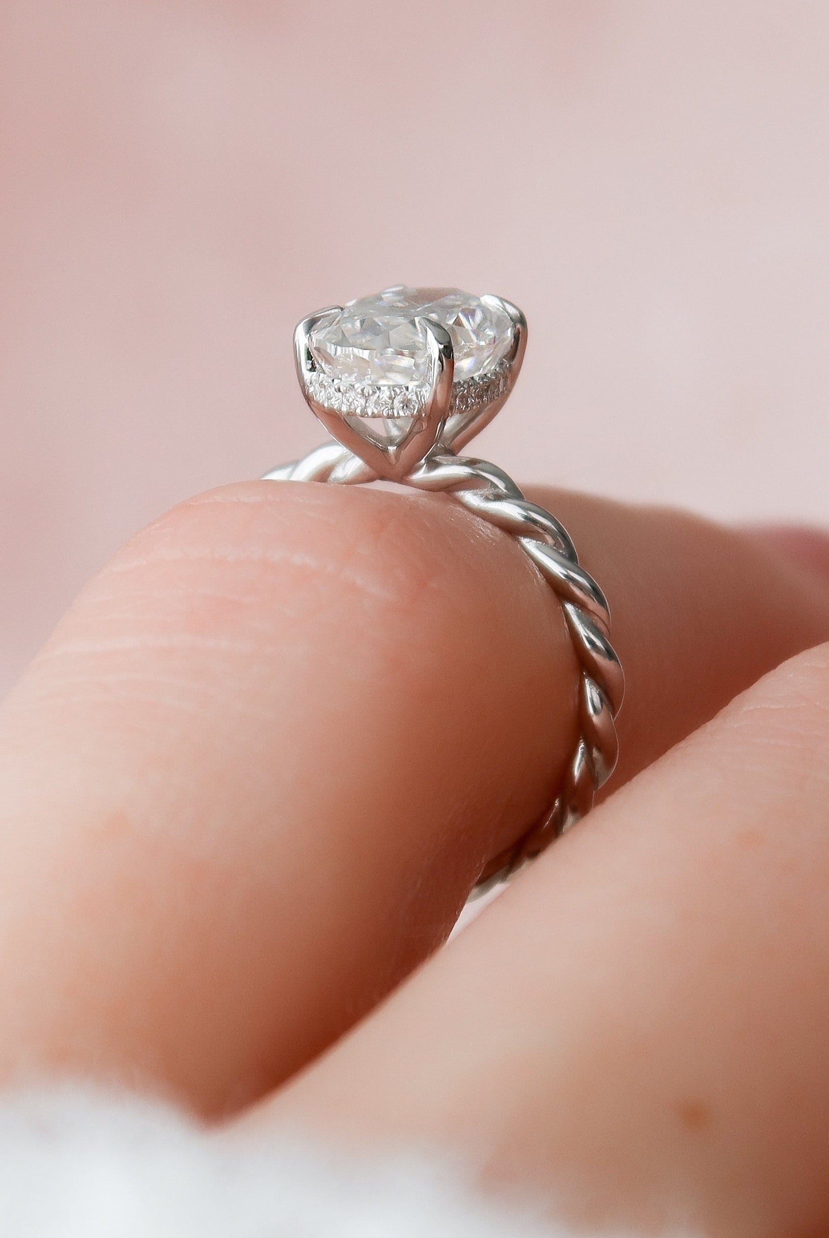 2.0CT Oval Hidden Halo Moissanite Diamond Braided Engagement Ring