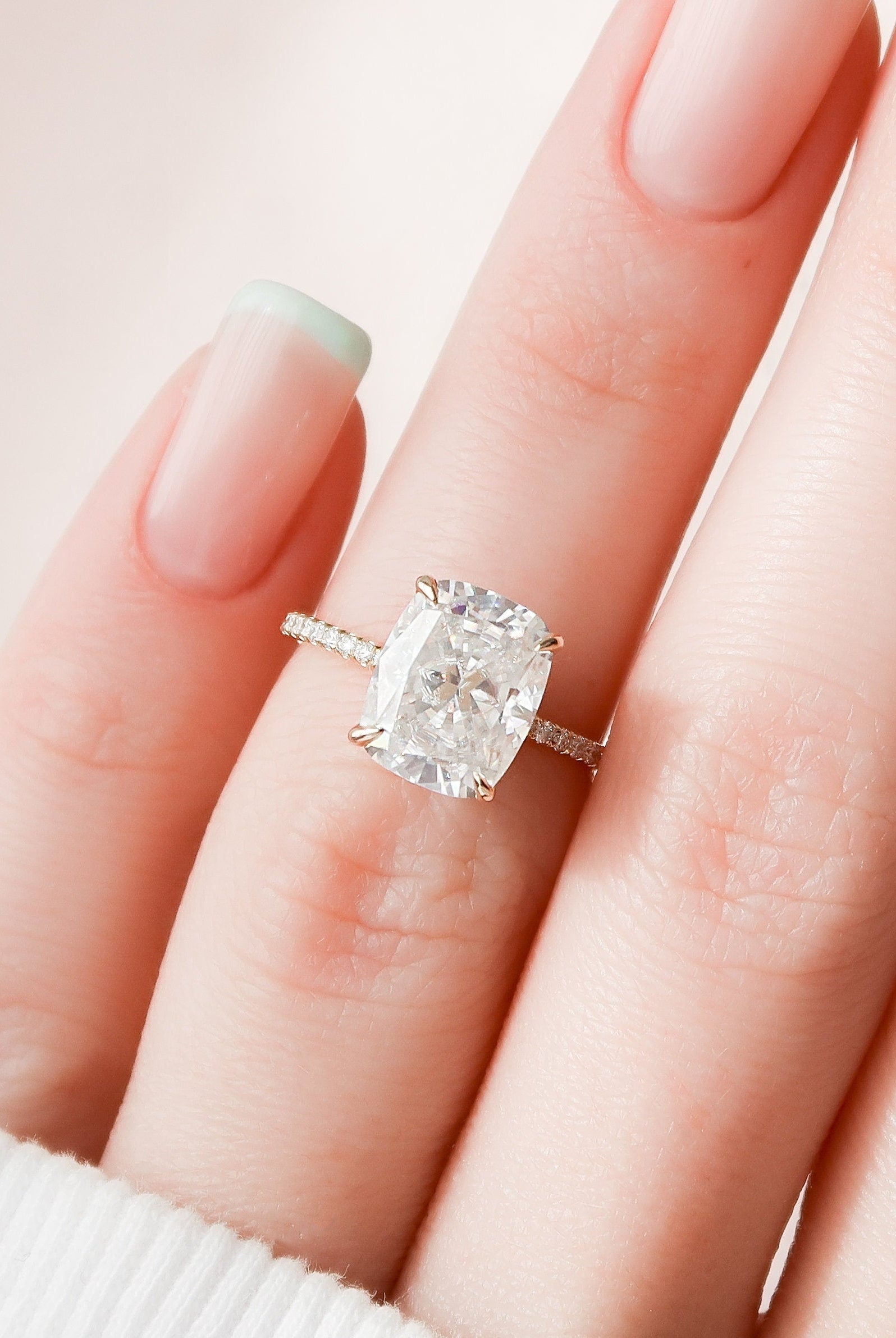 4.0CT Elongated Cushion Pave Moissanite Diamond Hidden Halo Engagement Ring