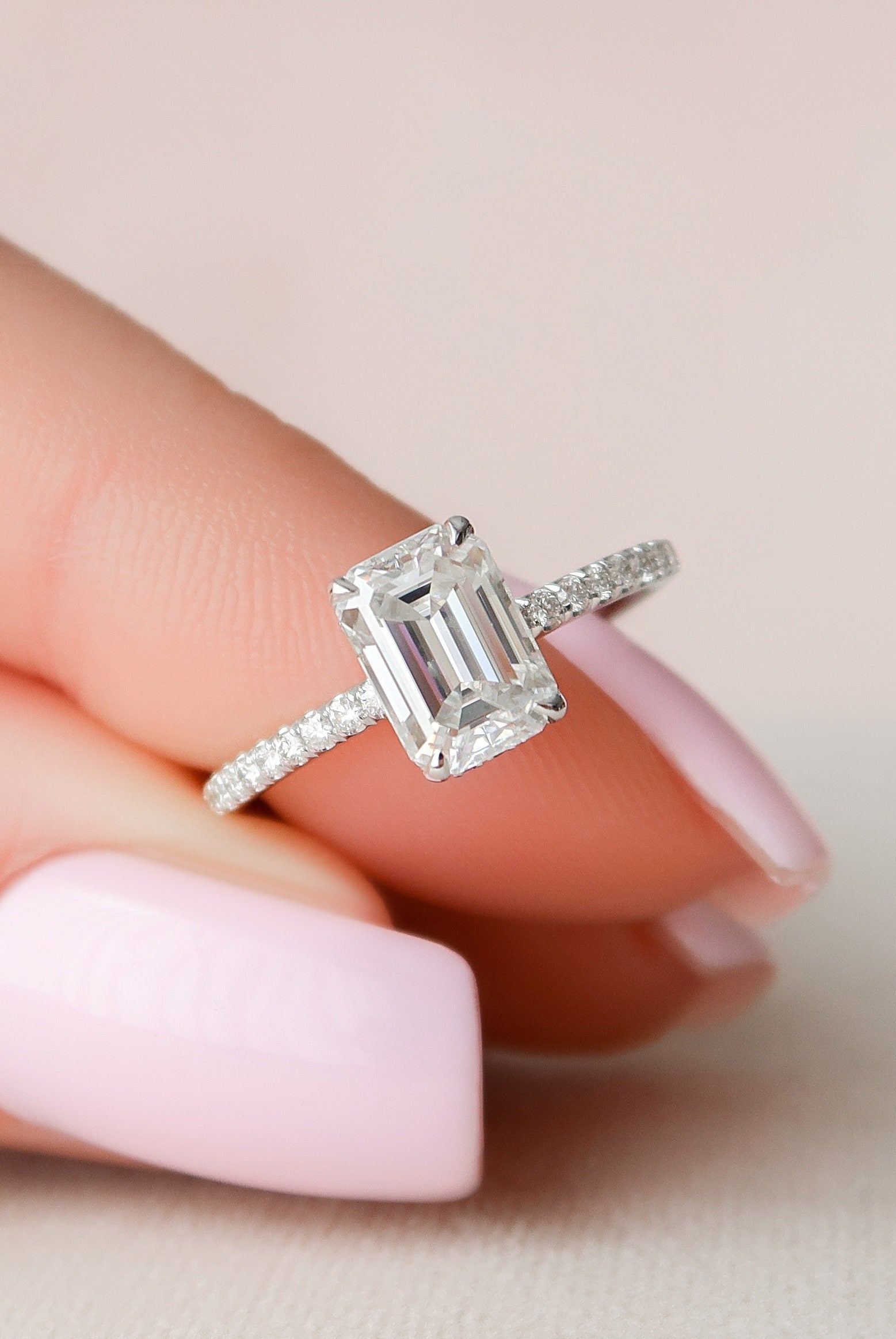 1.50CT Emerald Cut Hidden Halo Moissanite Diamond Pave Engagement Ring