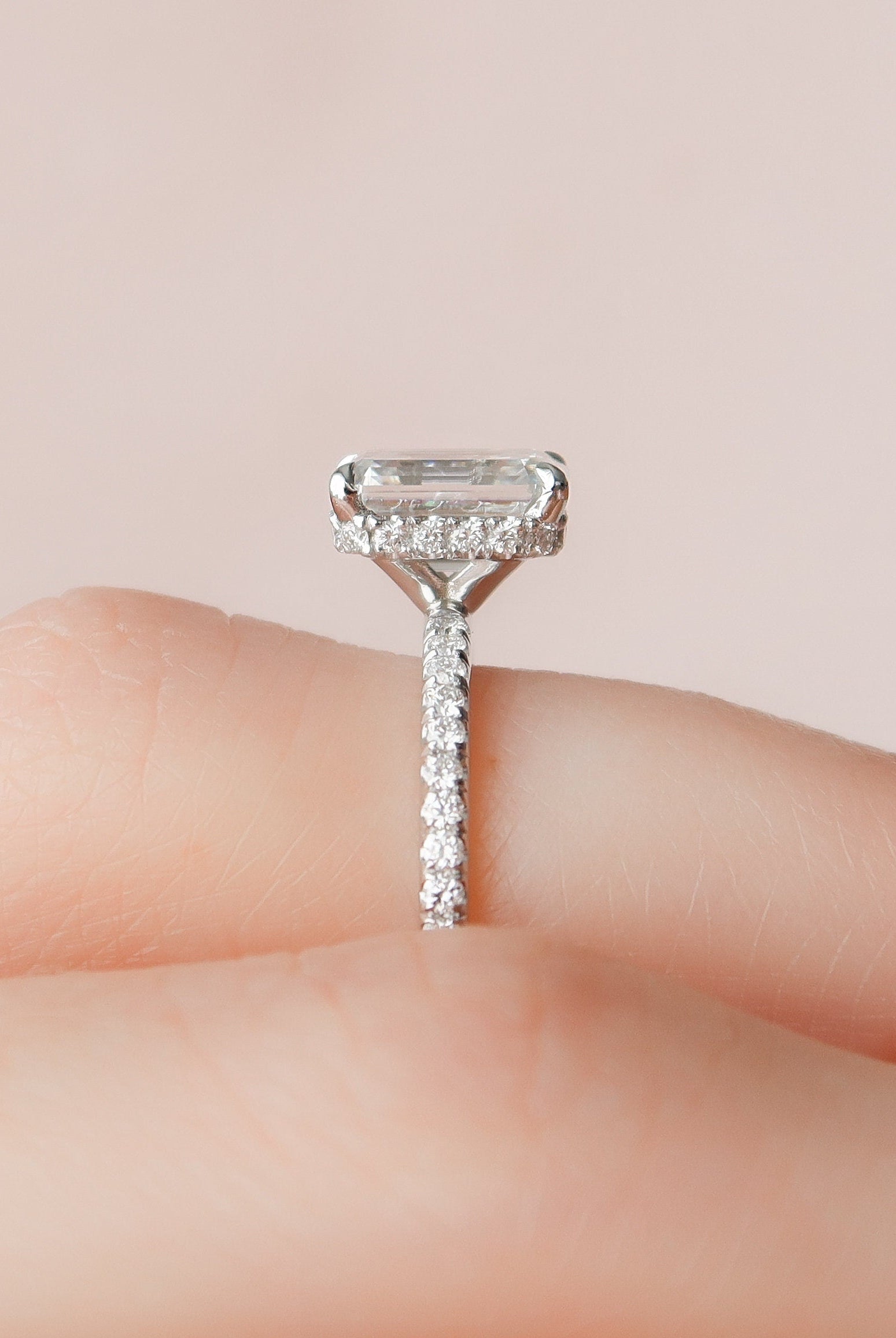 1.50CT Emerald Cut Hidden Halo Moissanite Diamond Pave Engagement Ring