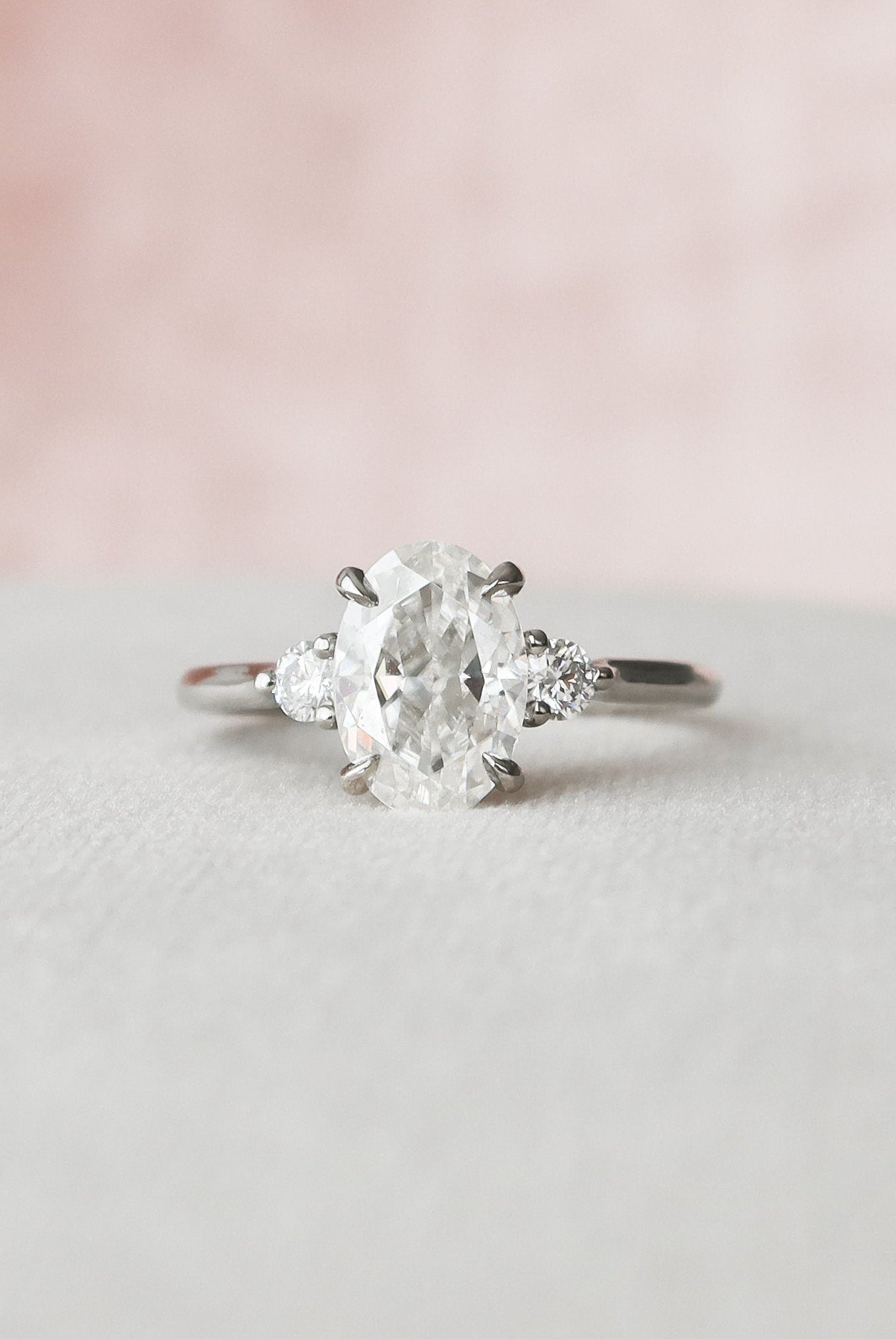 2.0CT Elongated Oval Three Stone Moissanite Diamond Hidden Halo Engagement Ring