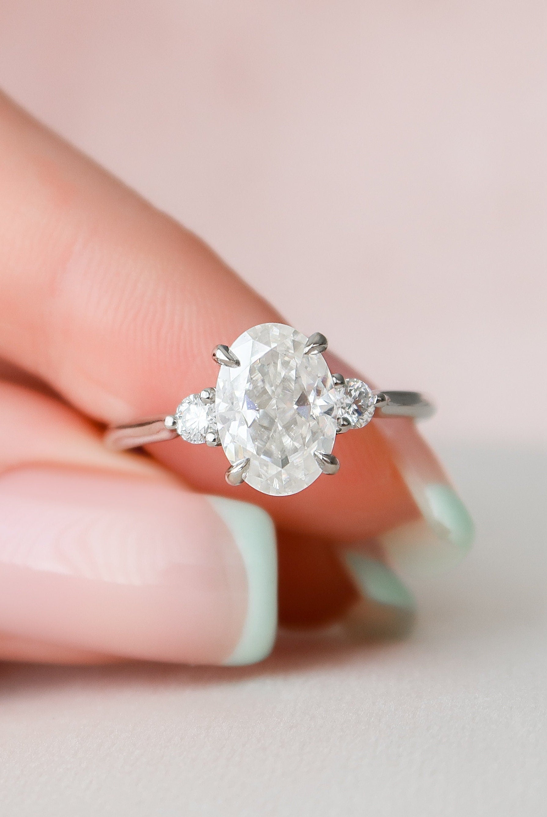2.0CT Elongated Oval Three Stone Moissanite Diamond Hidden Halo Engagement Ring