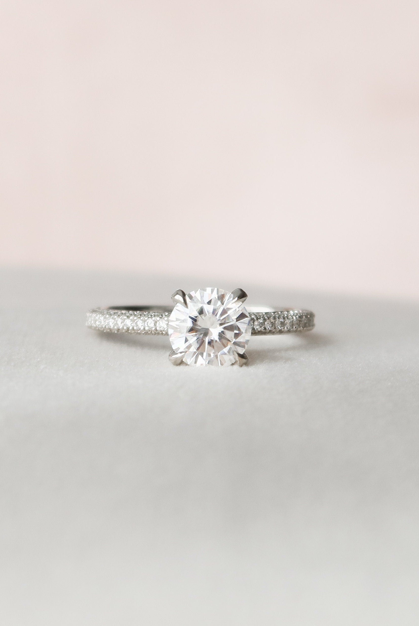 1.50CT Round Three Sided Pave Moissanite Diamond Engagement Ring In Solid Gold