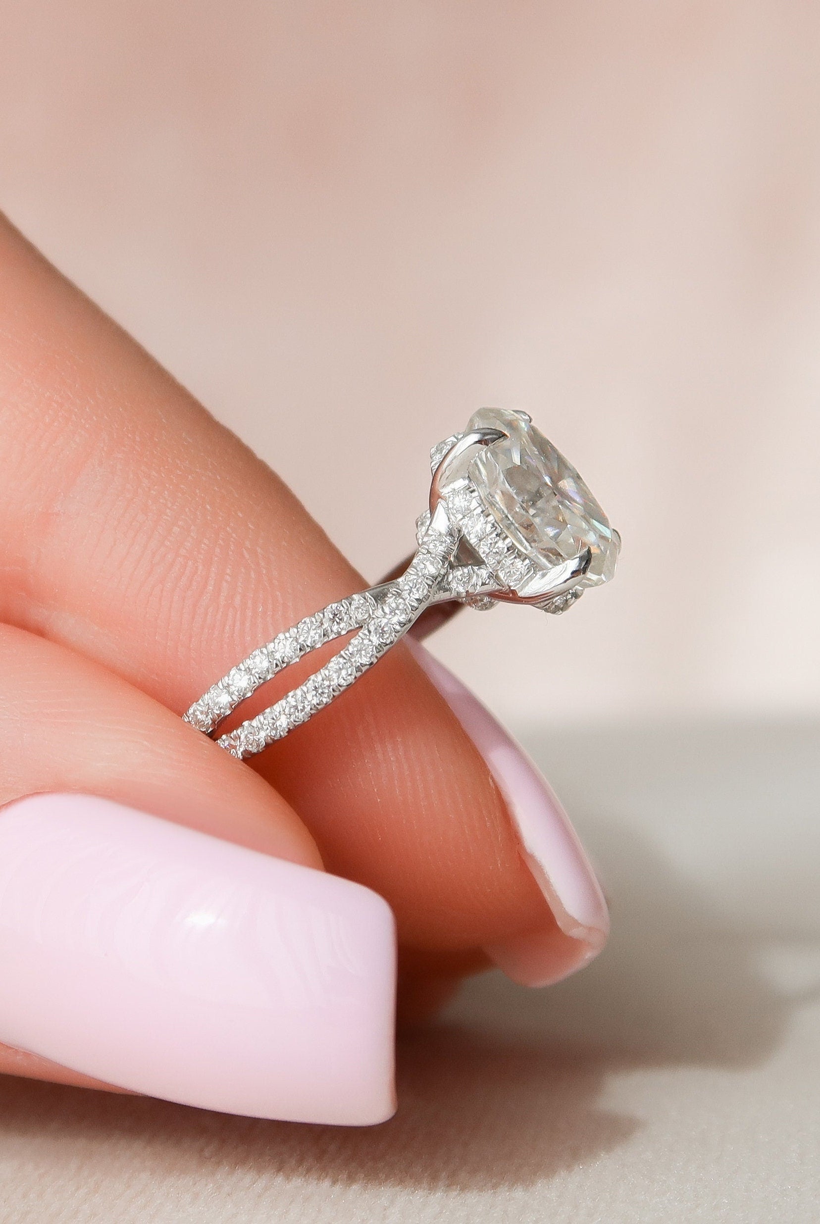 1.50CT Oval Split Shank Moissanite Diamond Hidden Halo Engagement Ring
