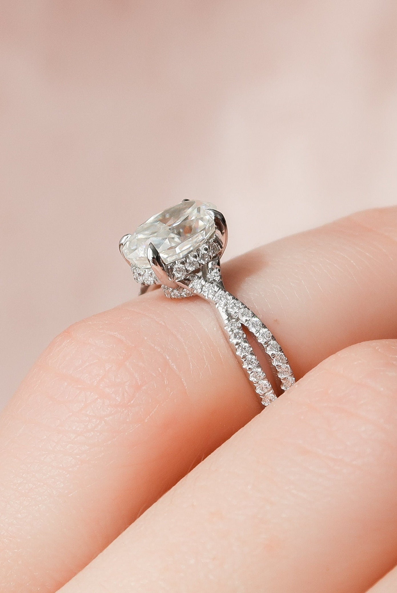 1.50CT Oval Split Shank Moissanite Diamond Hidden Halo Engagement Ring