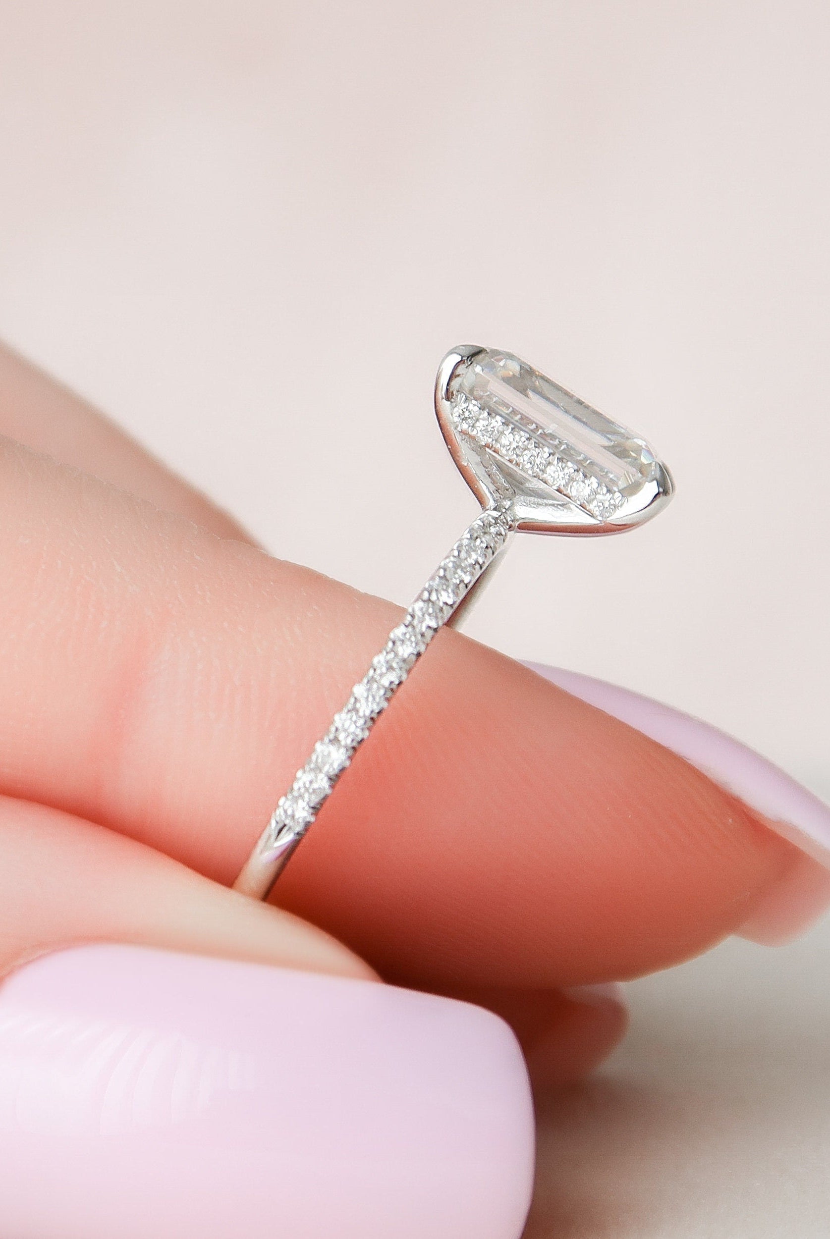 2.50CT Emerald Cut Hidden Halo Moissanite Diamond Pave Engagement Ring For Women