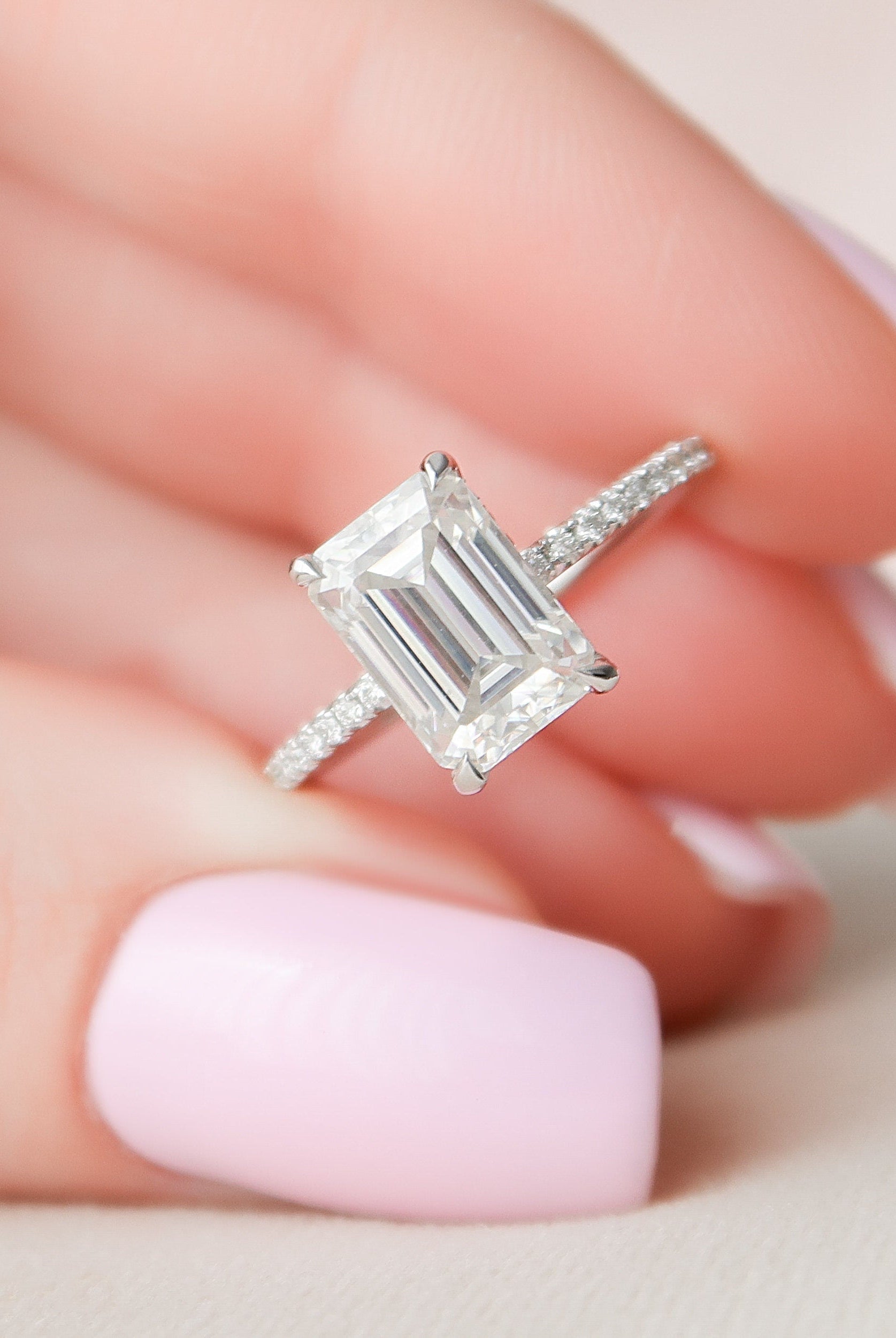 2.50CT Emerald Cut Hidden Halo Moissanite Diamond Pave Engagement Ring For Women