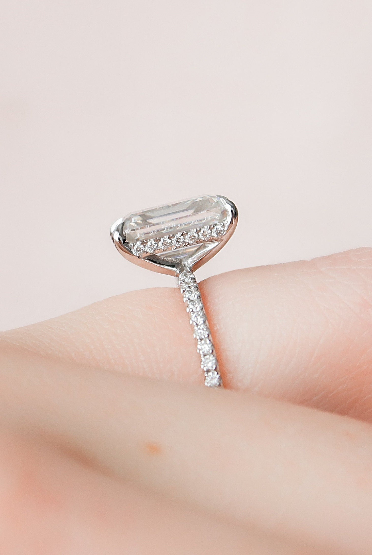 2.50CT Emerald Cut Hidden Halo Moissanite Diamond Pave Engagement Ring For Women