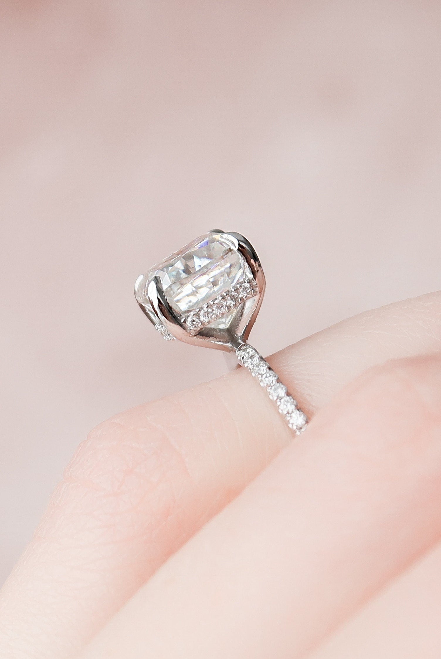 2.50CT Cushion Hidden Halo Moissanite Diamond Pave Engagement Ring For Women
