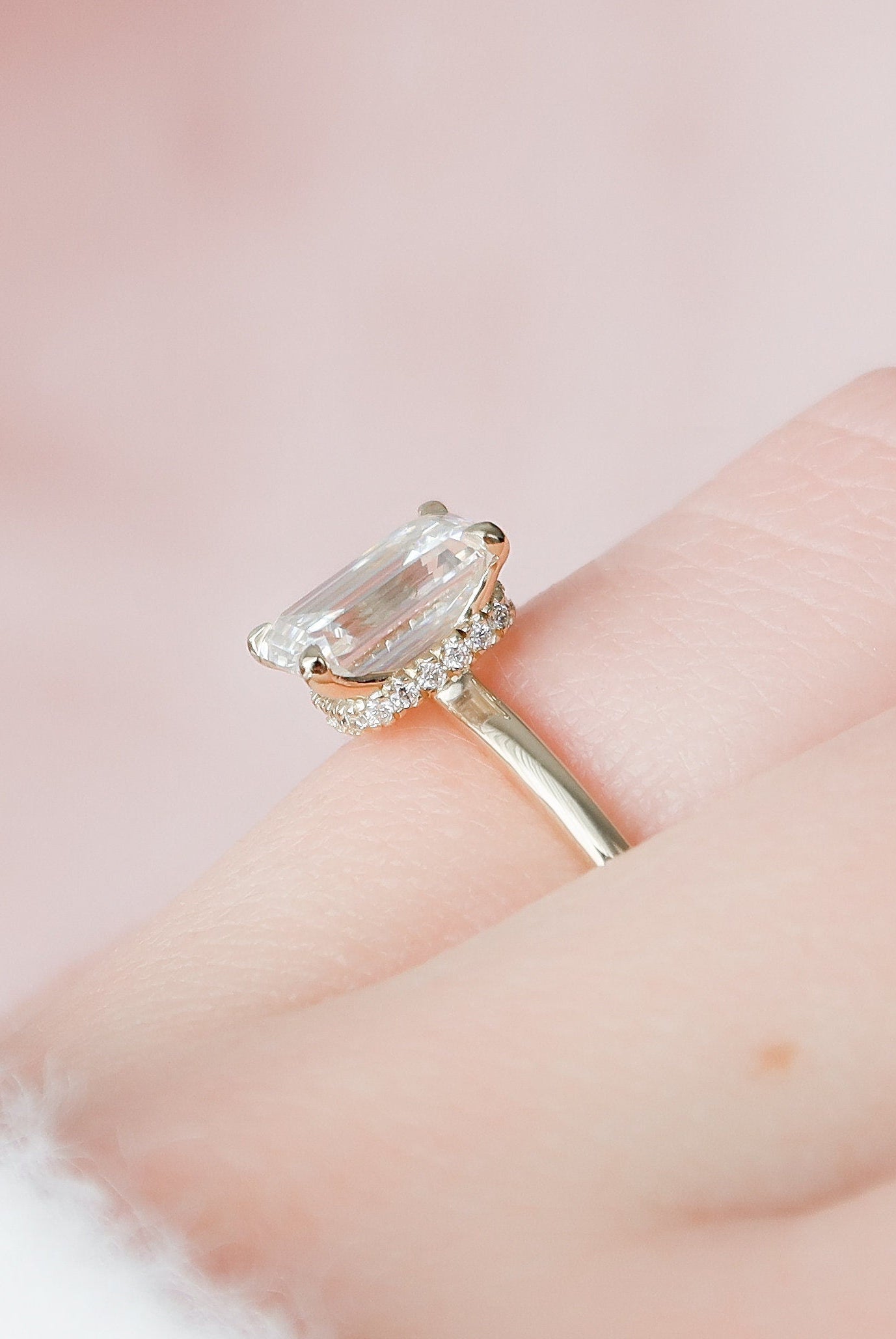 1.50CT Emerald Cut Open Setting Moissanite Diamond Hidden Halo Engagement Ring