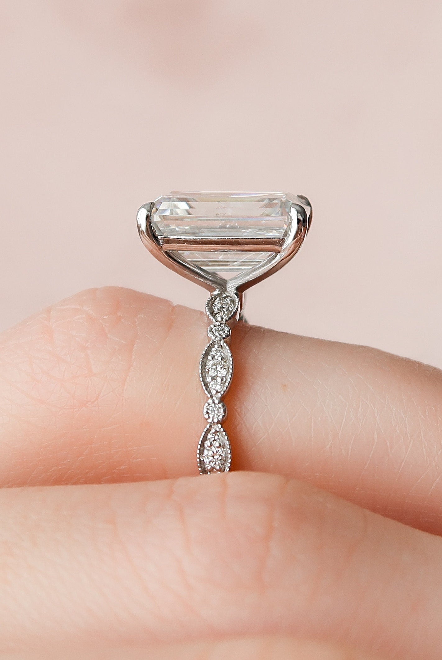 5.0CT Emerald Cut Vintage Pave Moissanite Diamond Four Prong Engagement Ring