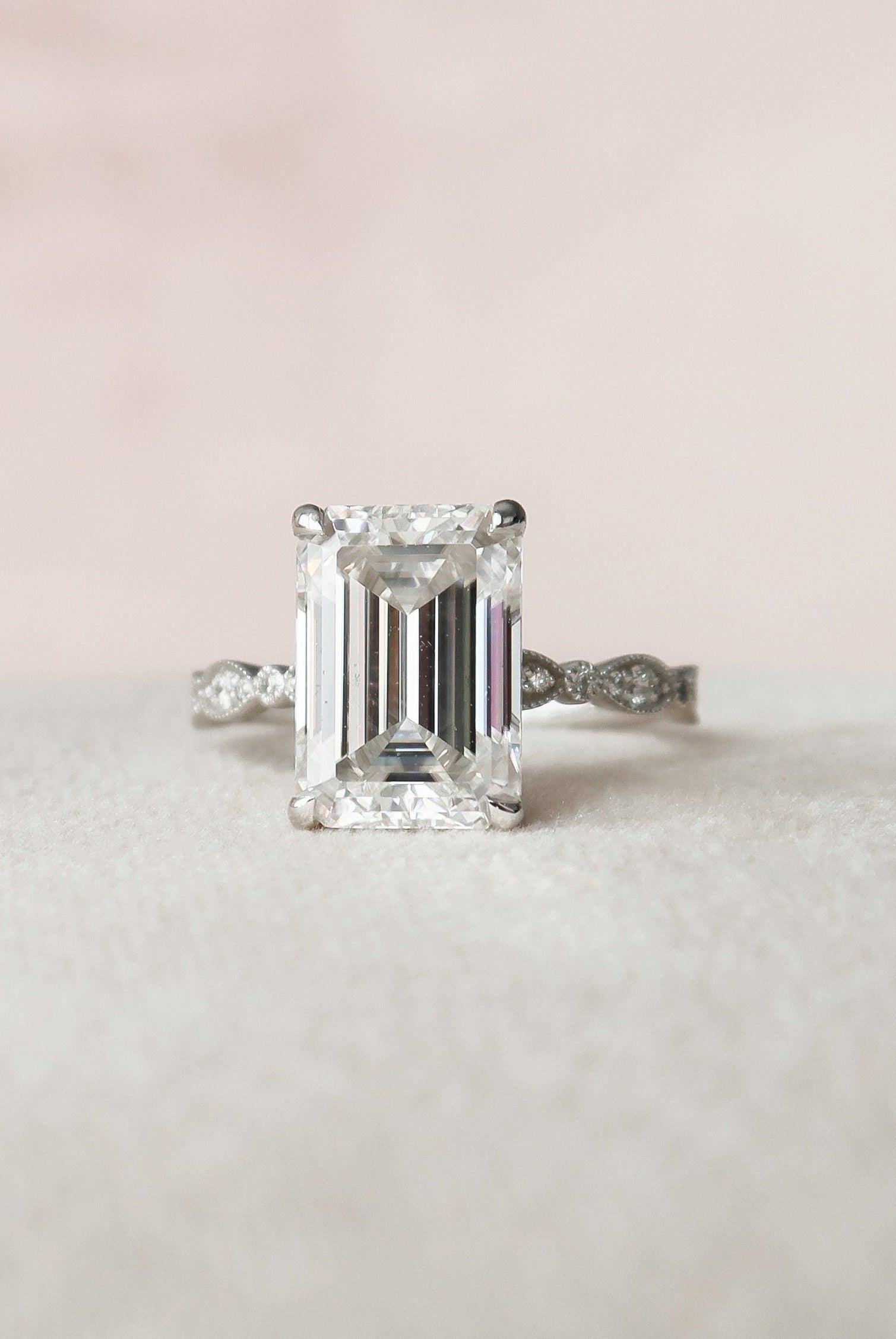 5.0CT Emerald Cut Vintage Pave Moissanite Diamond Four Prong Engagement Ring