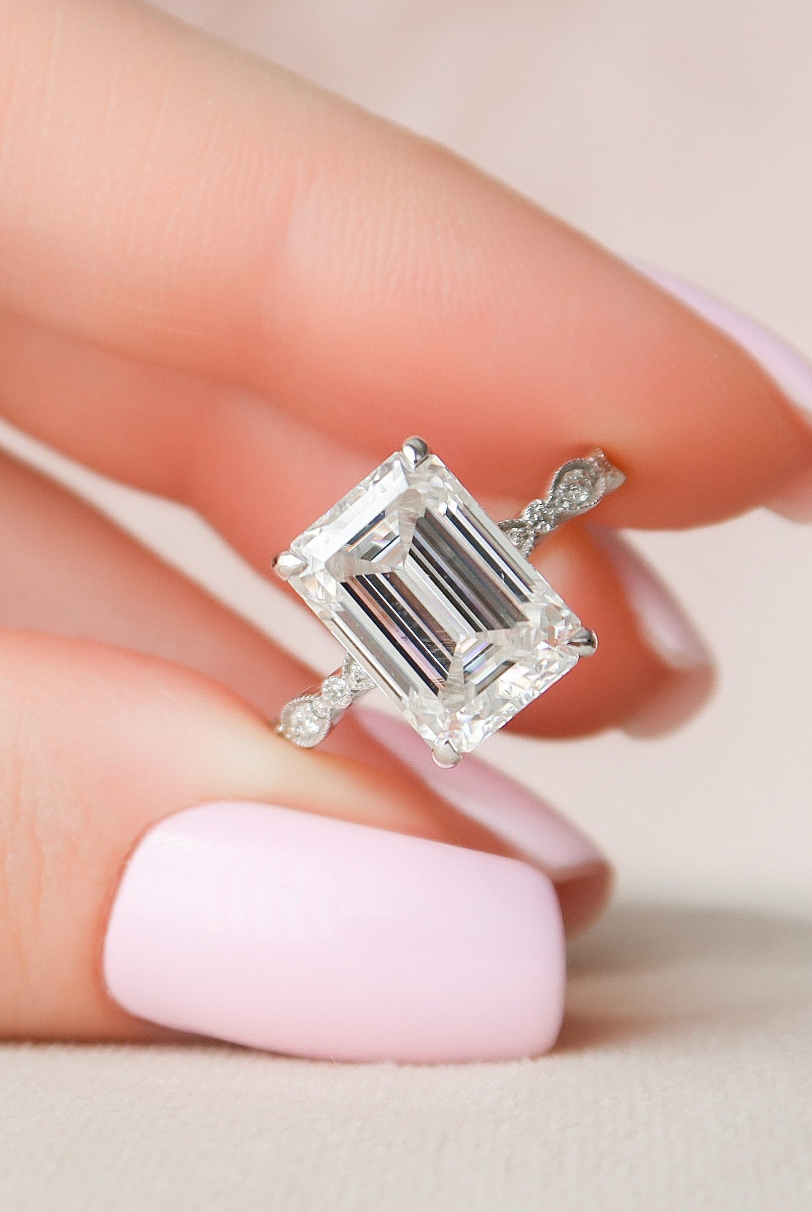 5.0CT Emerald Cut Vintage Pave Moissanite Diamond Four Prong Engagement Ring