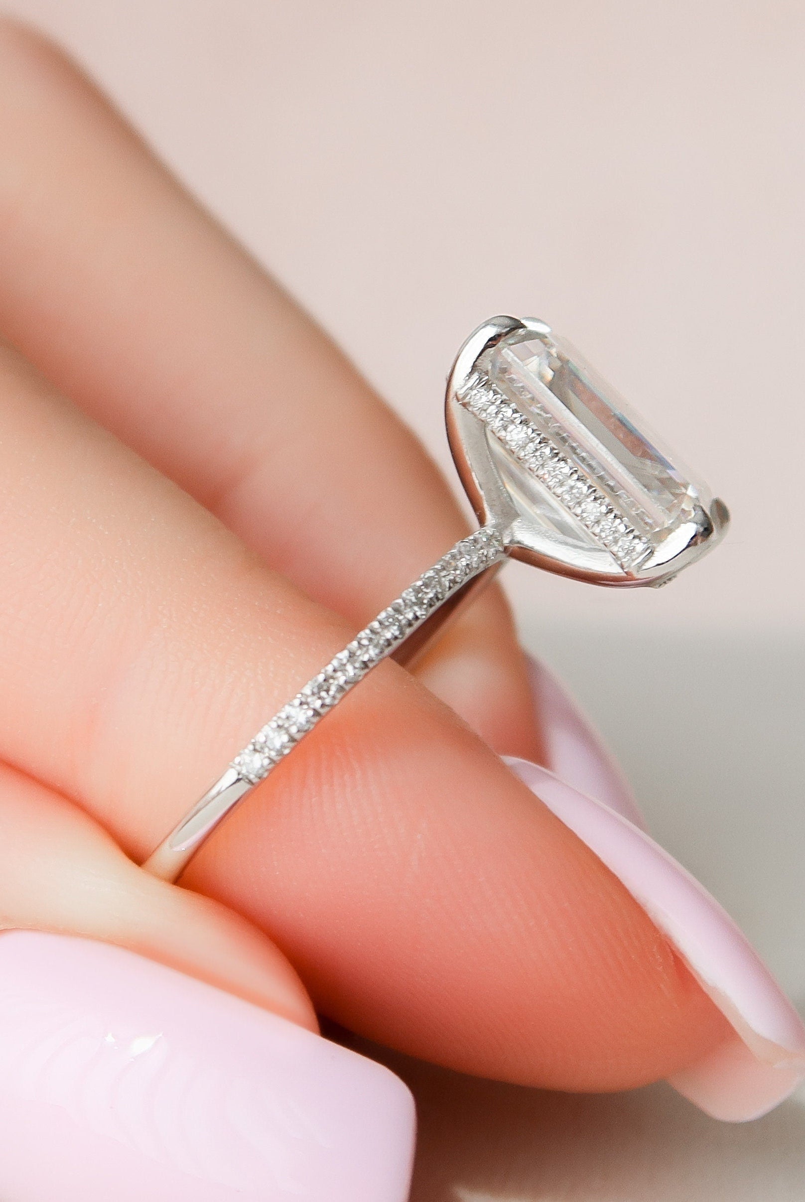 5.0CT Emerald Cut Pave Moissanite Diamond Hidden Halo Engagement Ring