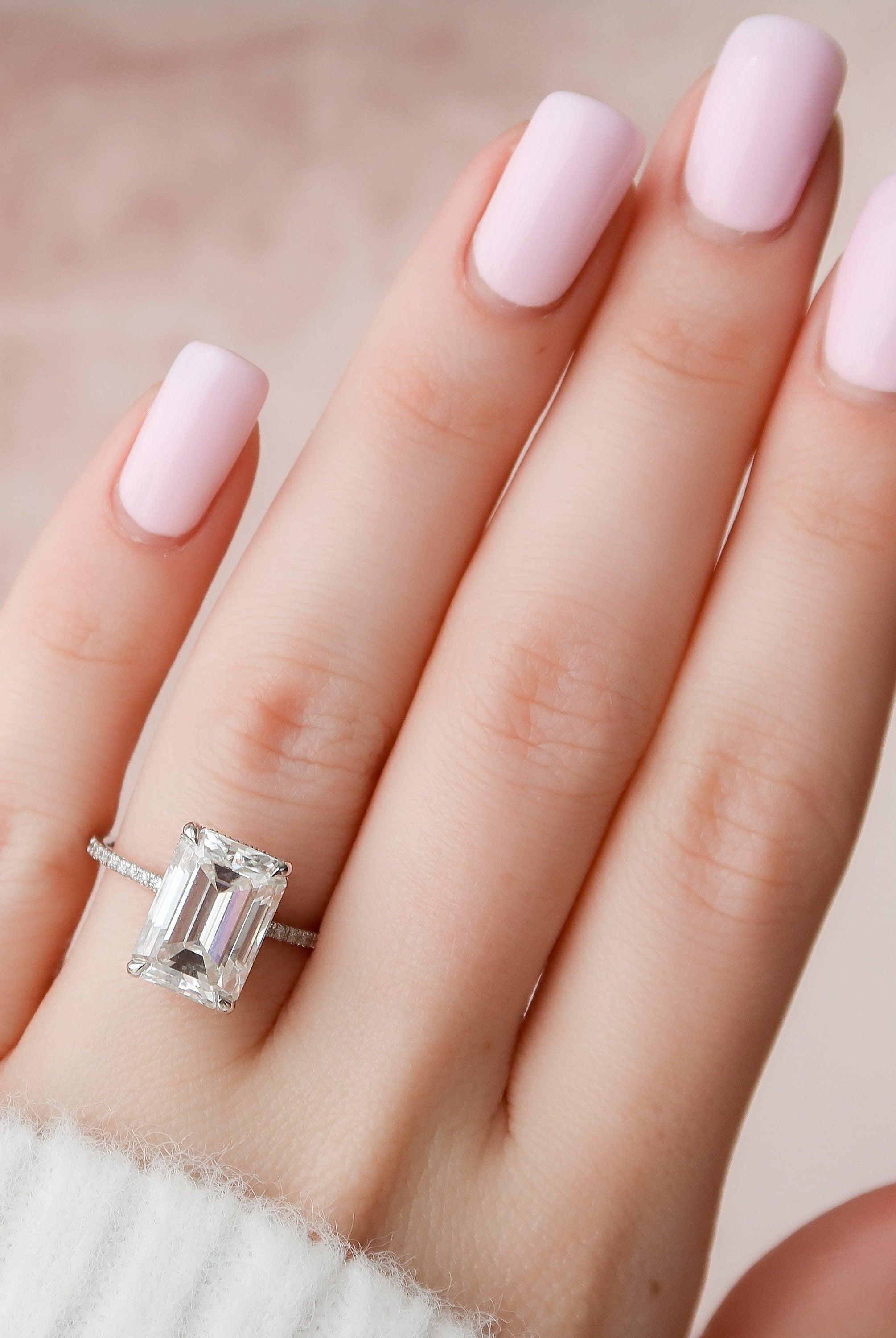 5.0CT Emerald Cut Pave Moissanite Diamond Hidden Halo Engagement Ring