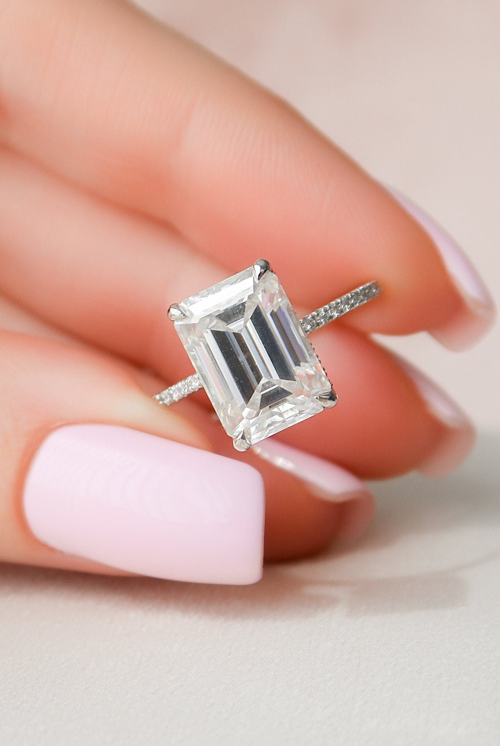 5.0CT Emerald Cut Pave Moissanite Diamond Hidden Halo Engagement Ring