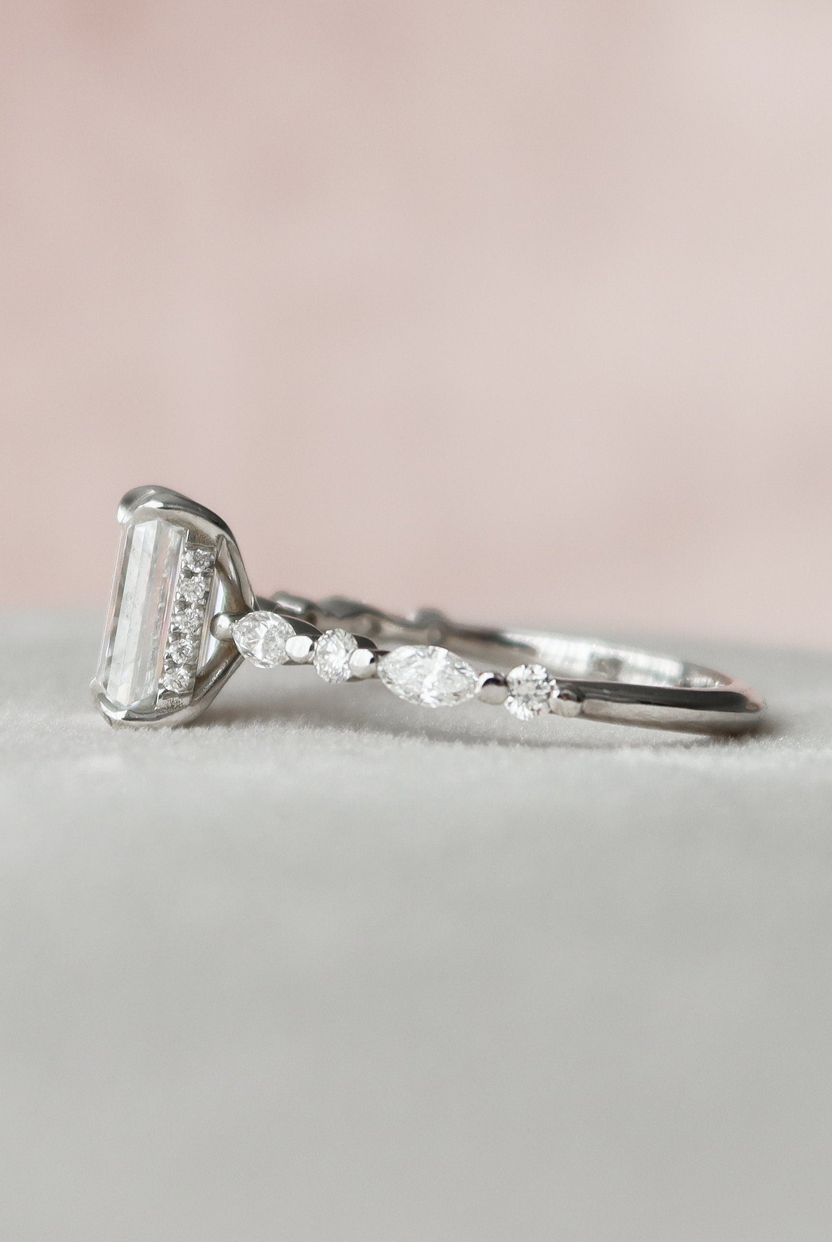2.0CT Hidden Halo Emerald Cut Pave Moissanite Diamond Engagement Ring