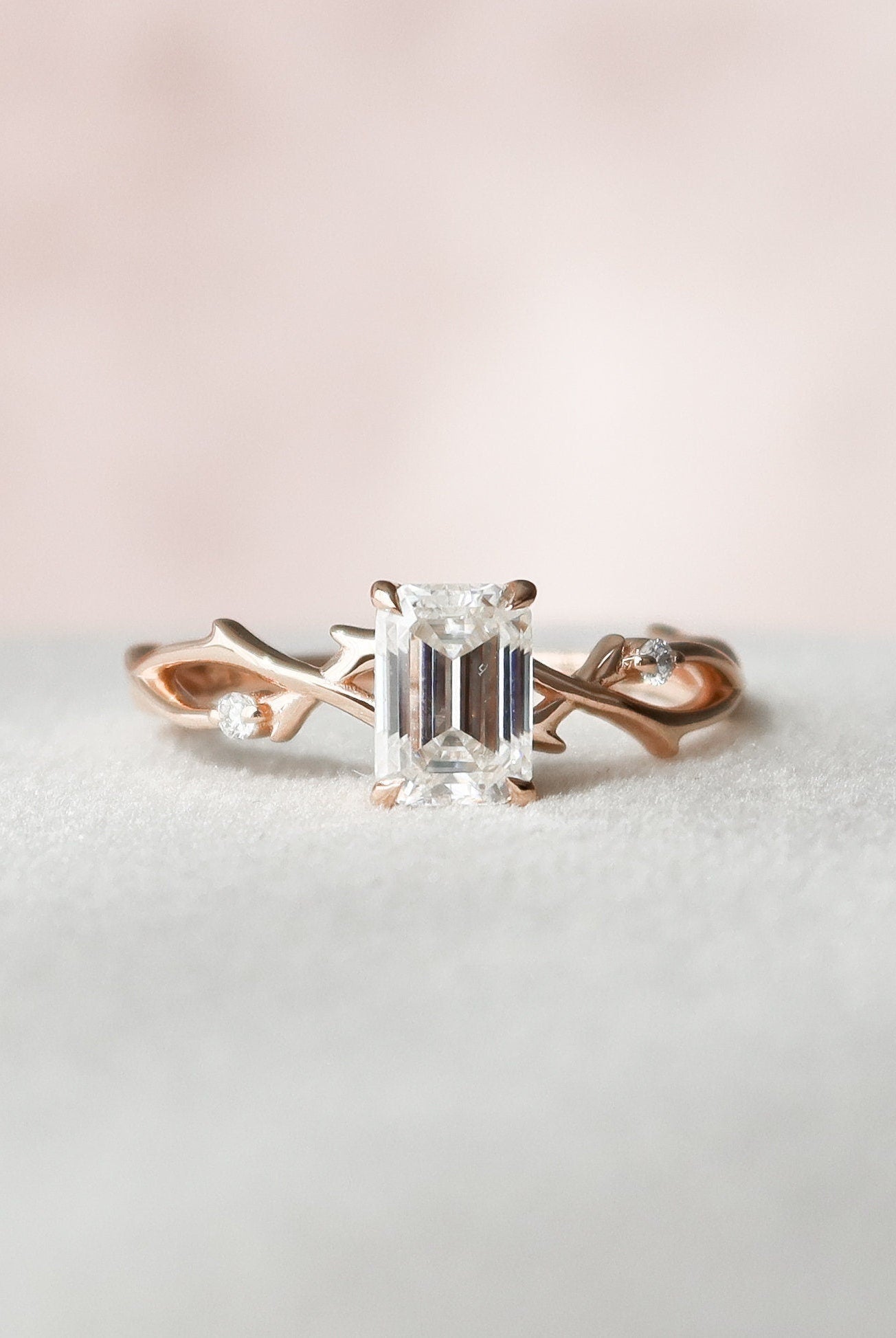 1.0CT Emerald Cut Twig Moissanite Diamond Engagement Ring For Women