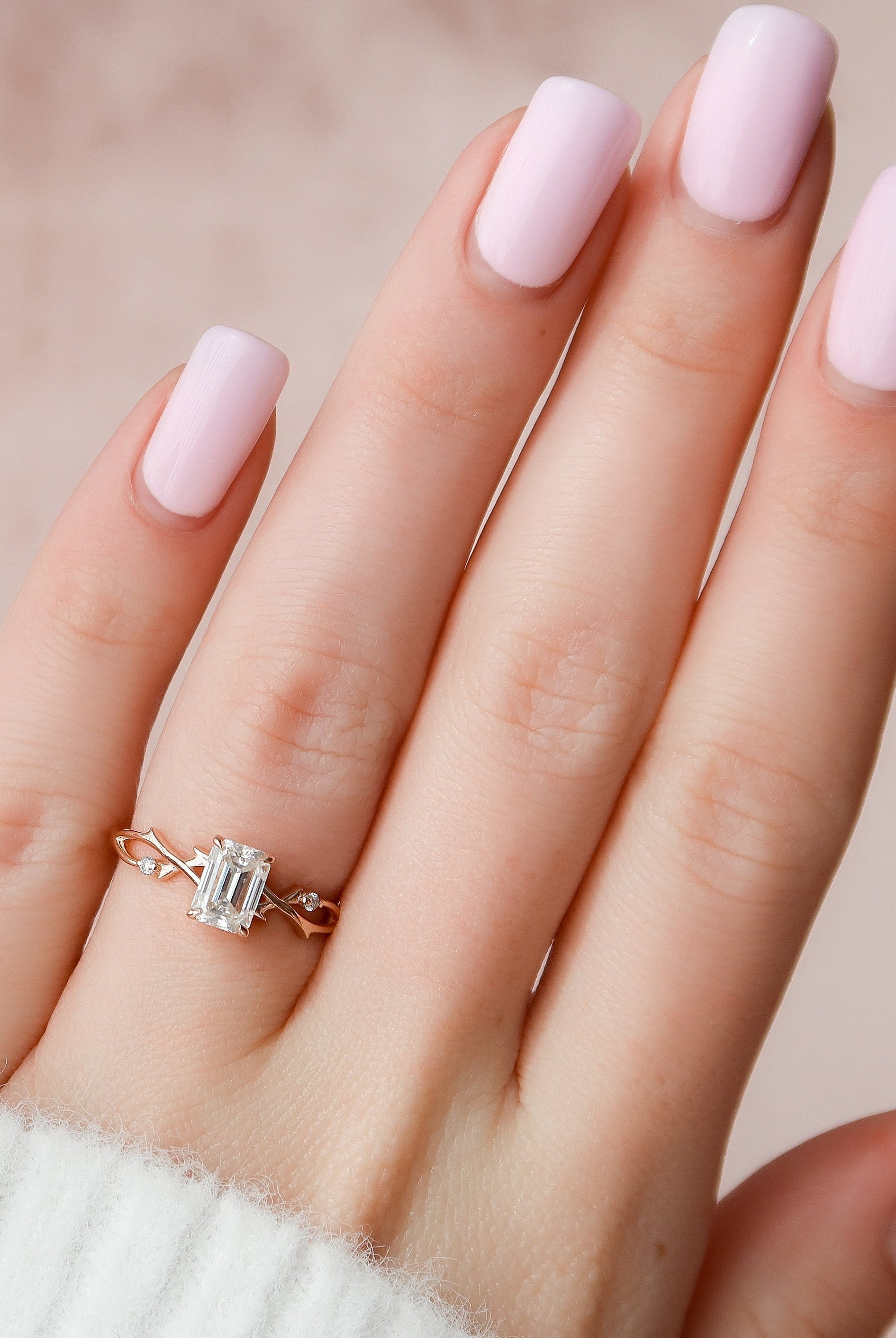 1.0CT Emerald Cut Twig Moissanite Diamond Engagement Ring For Women