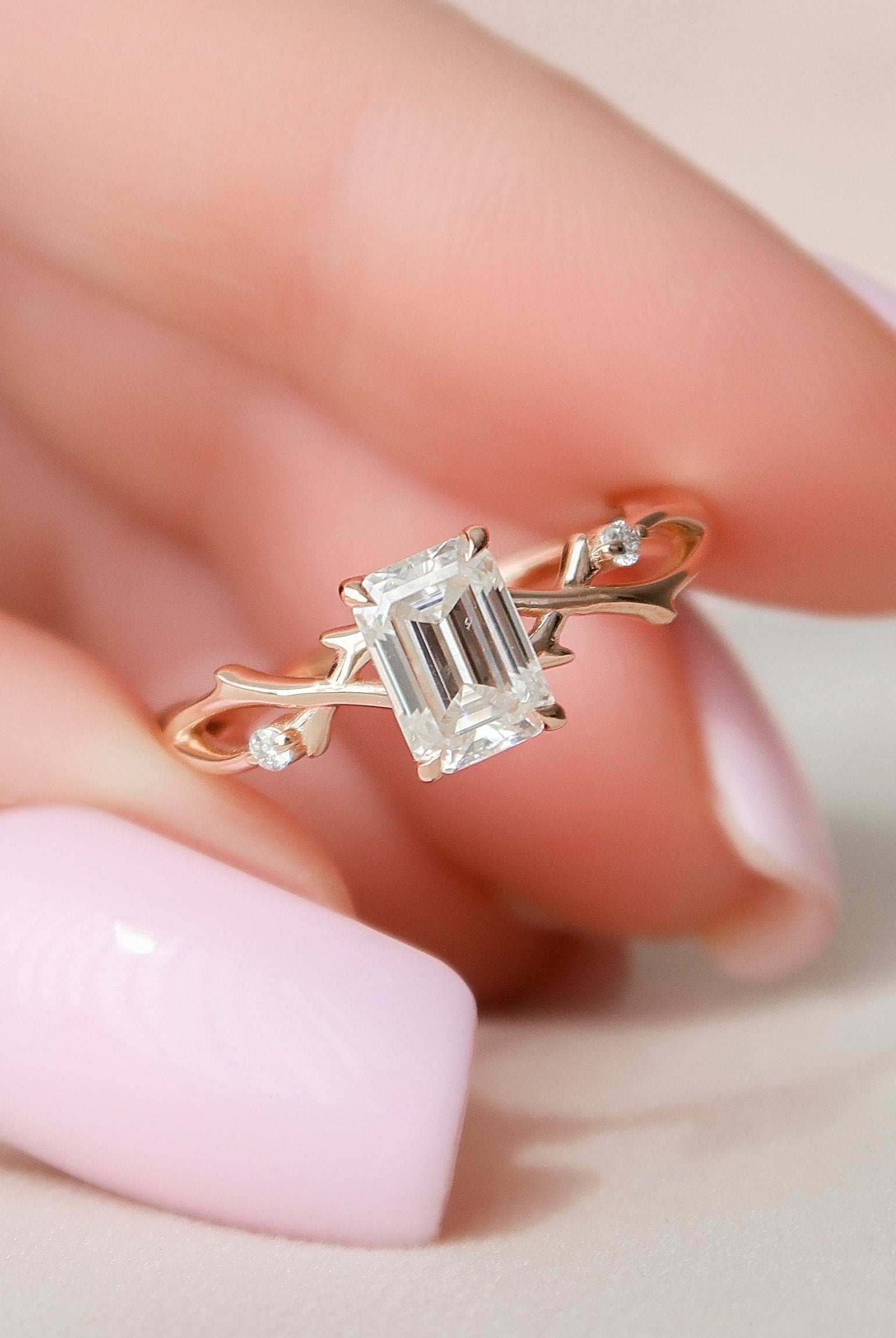 1.0CT Emerald Cut Twig Moissanite Diamond Engagement Ring For Women