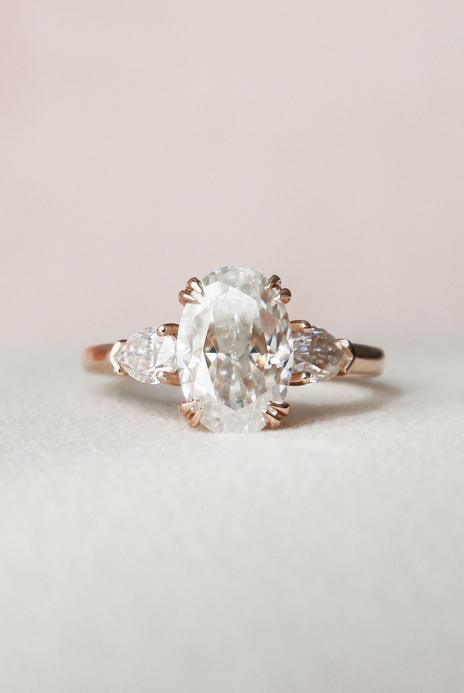 3.5CT Oval Three Stone Moissanite Diamond Two Claw Prong Engagement Ring