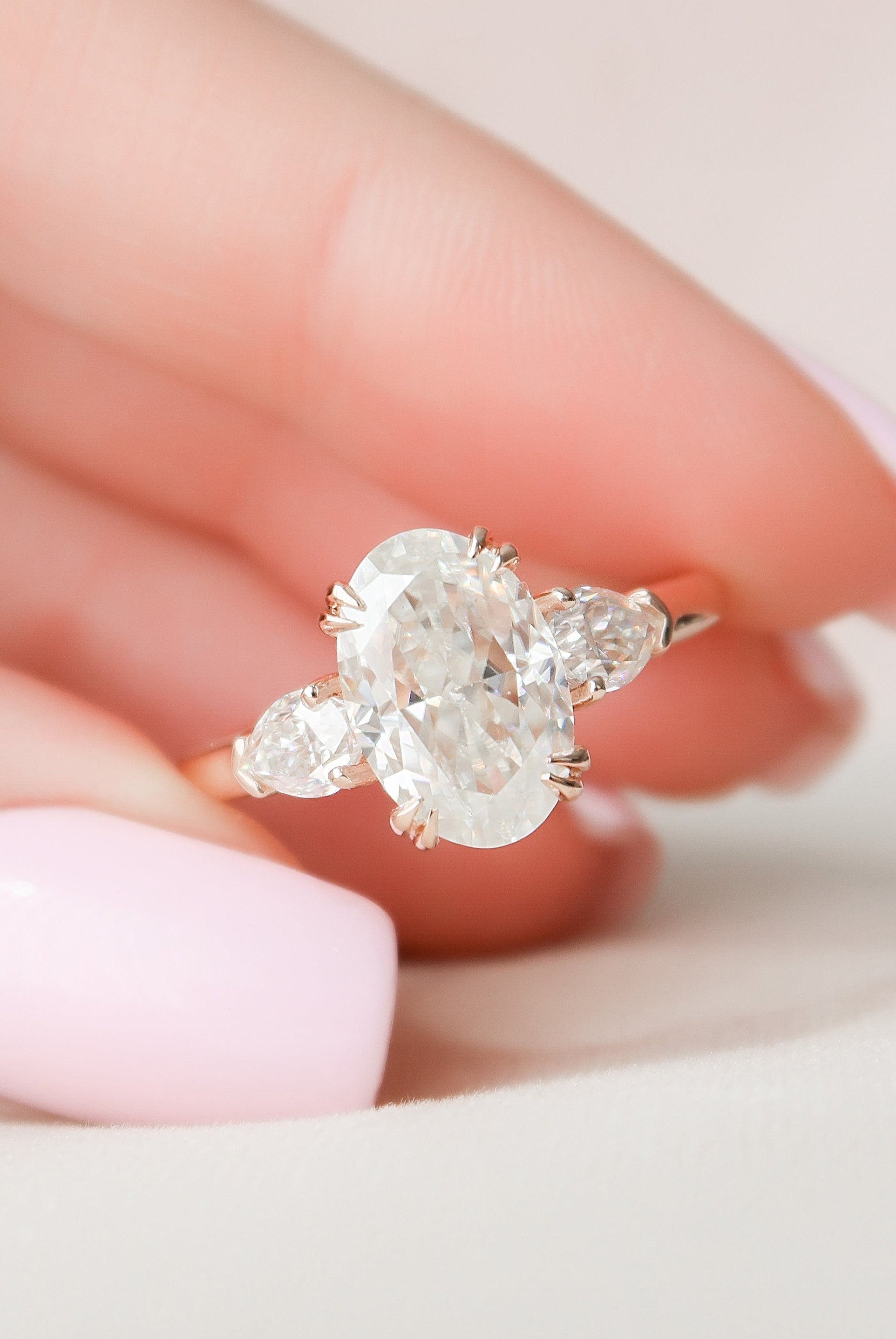 3.5CT Oval Three Stone Moissanite Diamond Two Claw Prong Engagement Ring