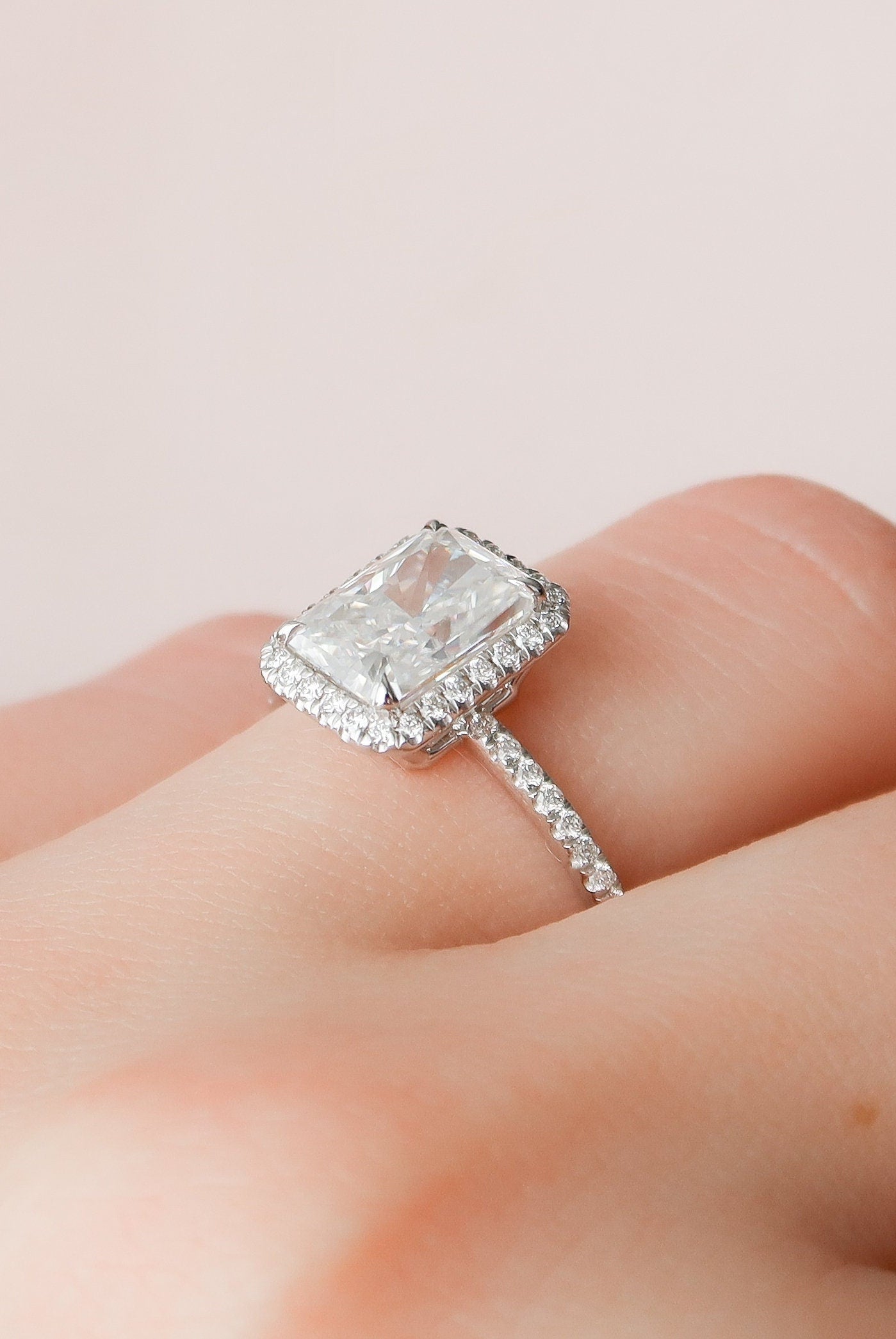 5.0CT Radiant Halo Moissanite Diamond Pave Engagement Ring In Solid Gold