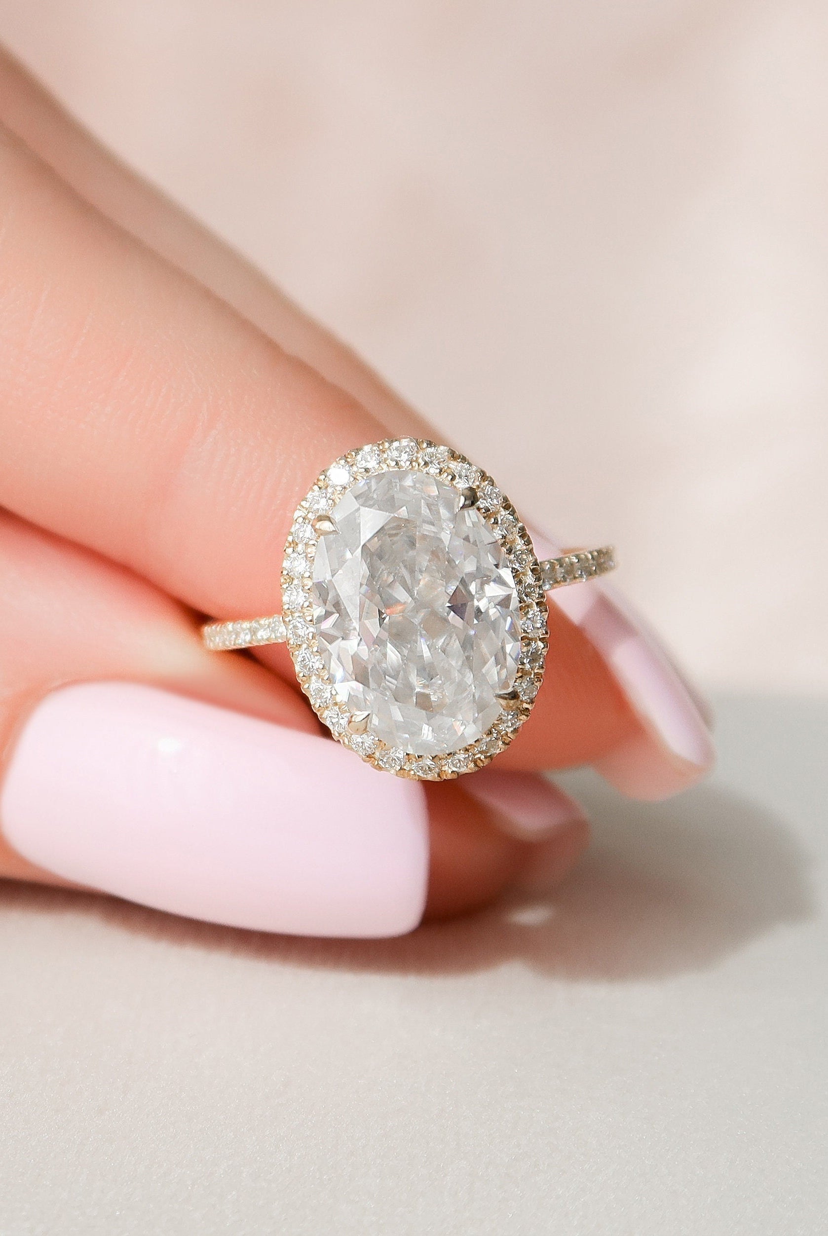 4.50CT Oval Halo Moissanite Diamond Pave Engagement Ring In Solid Gold