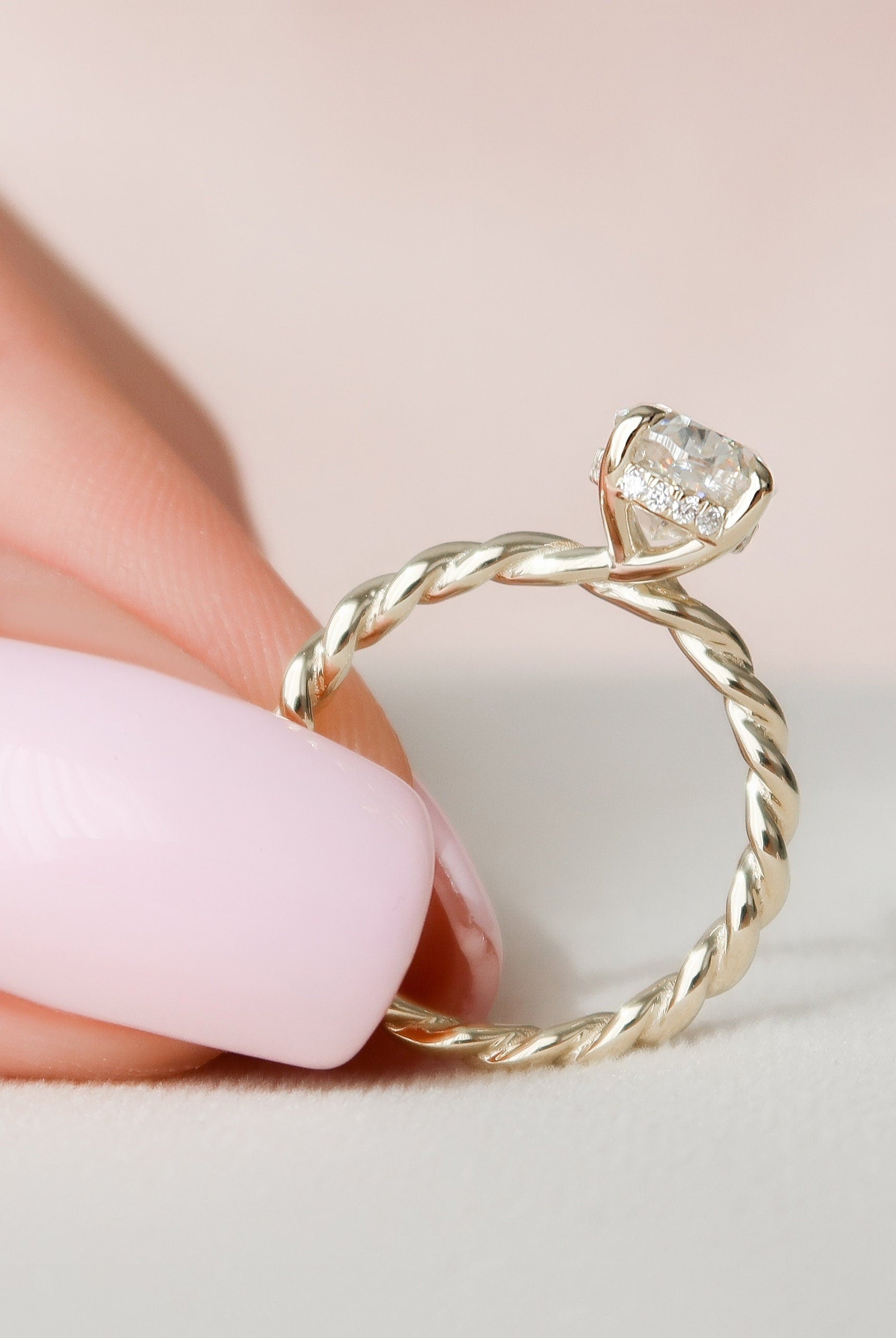 1.50CT Oval Braided Moissanite Diamond Hidden Halo Engagement Ring
