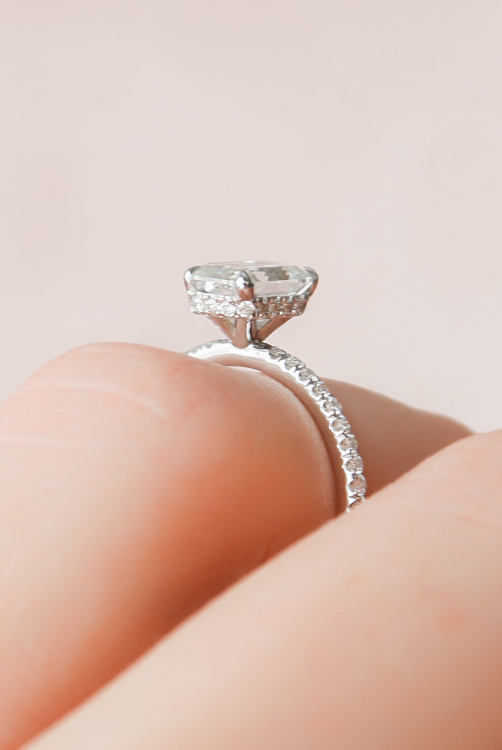 1.50CT Emerald Cut Hidden Halo Moissanite Diamond Pave Engagement Ring
