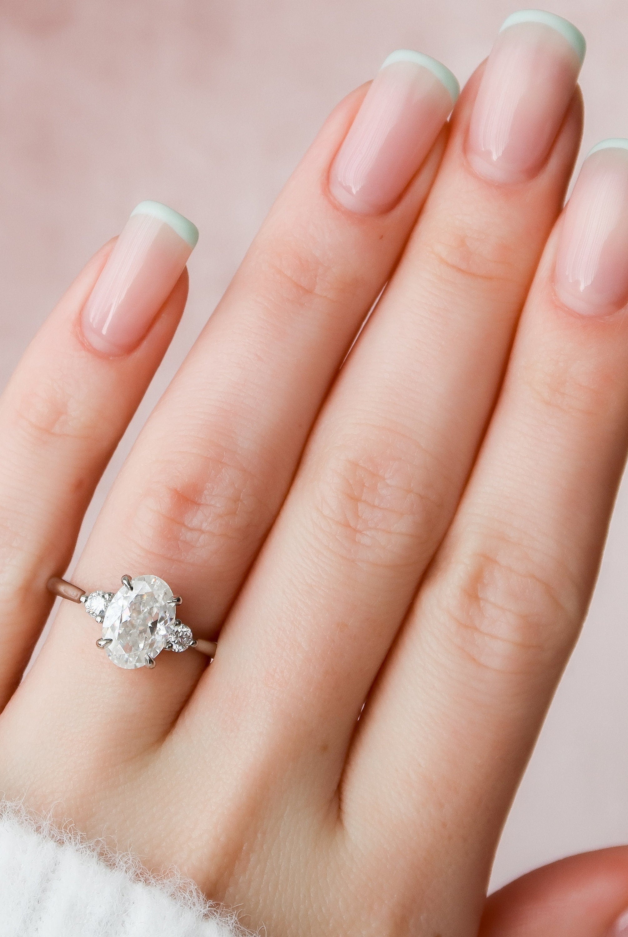 2.0CT Elongated Oval Three Stone Moissanite Diamond Hidden Halo Engagement Ring