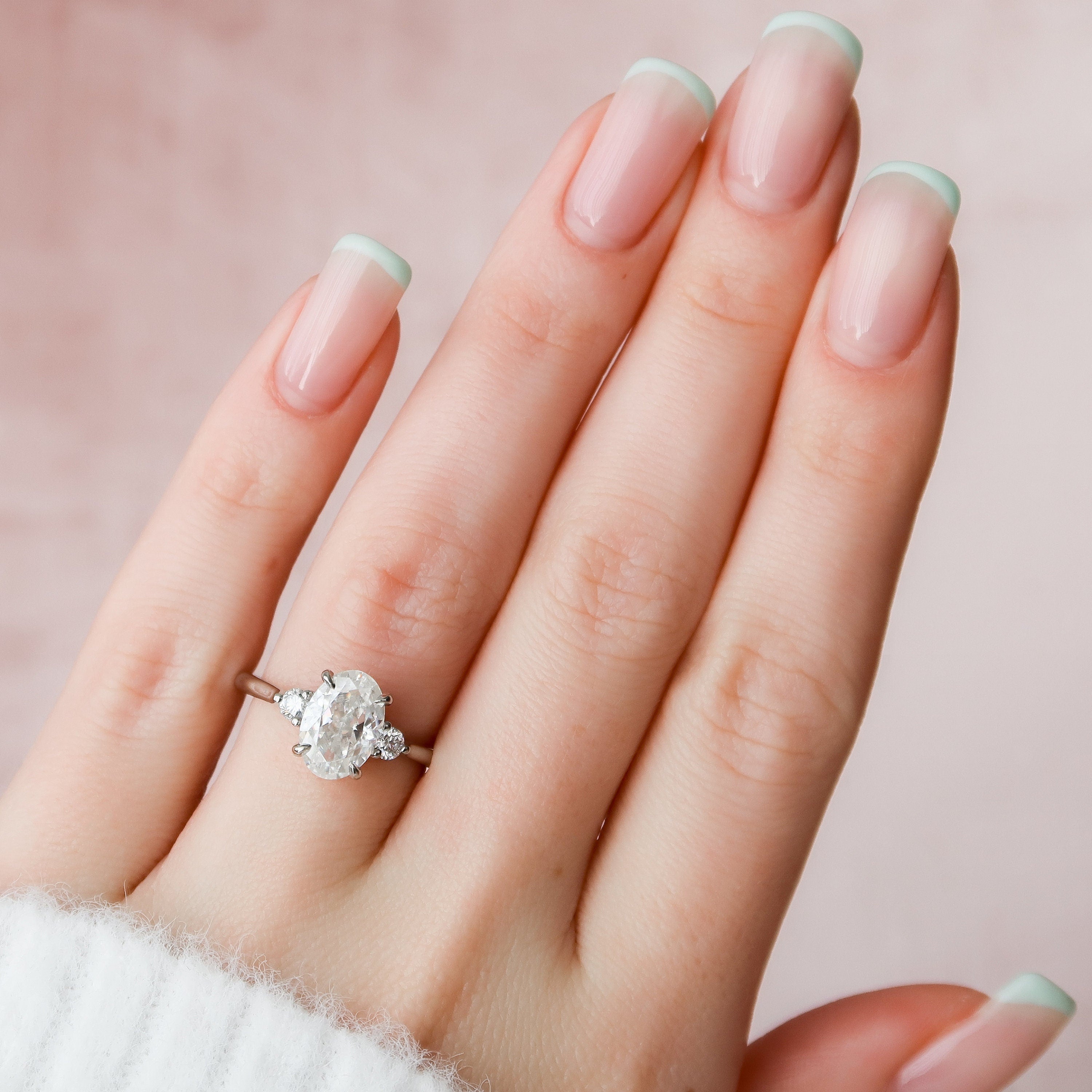 2.0CT Elongated Oval Three Stone Moissanite Diamond Hidden Halo Engagement Ring