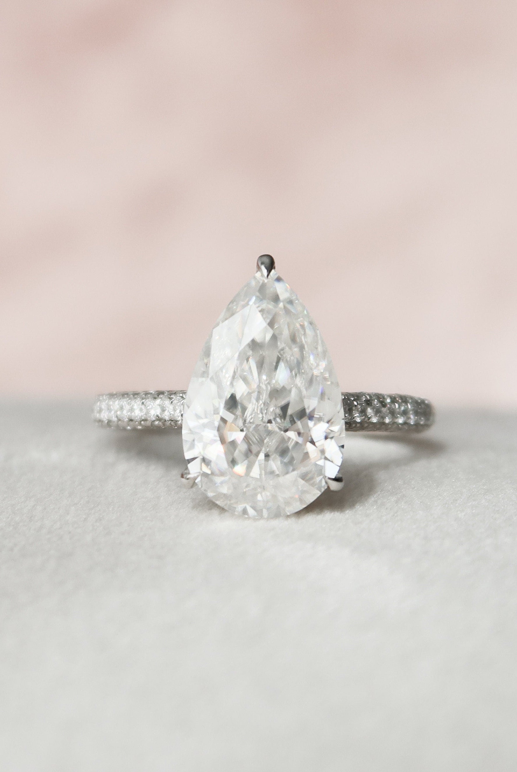 5.0CT Pear Three Sided Pave Moissanite Diamond Hidden Halo Engagement Ring In Solid Gold
