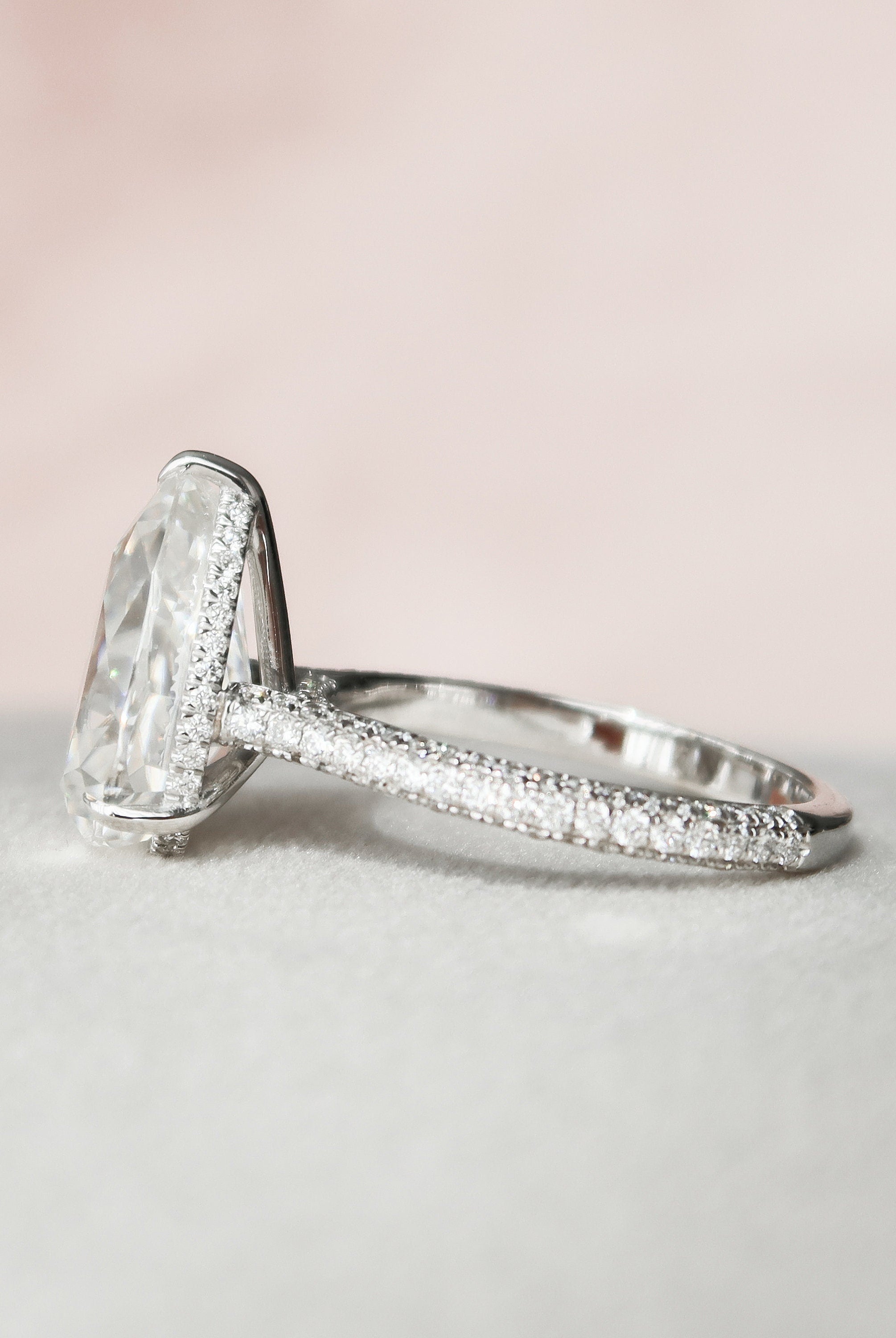 5.0CT Pear Three Sided Pave Moissanite Diamond Hidden Halo Engagement Ring In Solid Gold