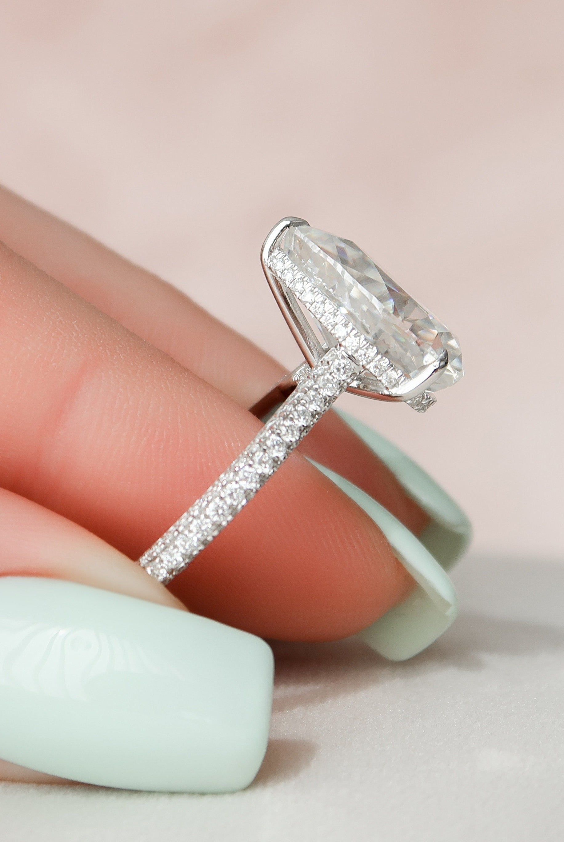 5.0CT Pear Three Sided Pave Moissanite Diamond Hidden Halo Engagement Ring In Solid Gold