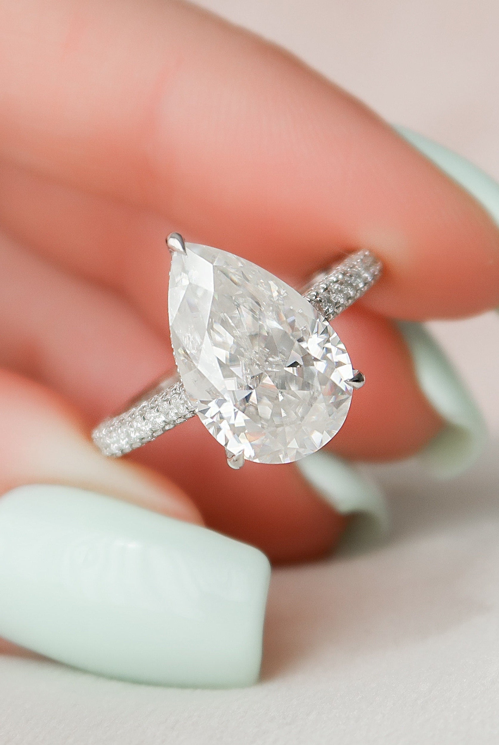 5.0CT Pear Three Sided Pave Moissanite Diamond Hidden Halo Engagement Ring In Solid Gold