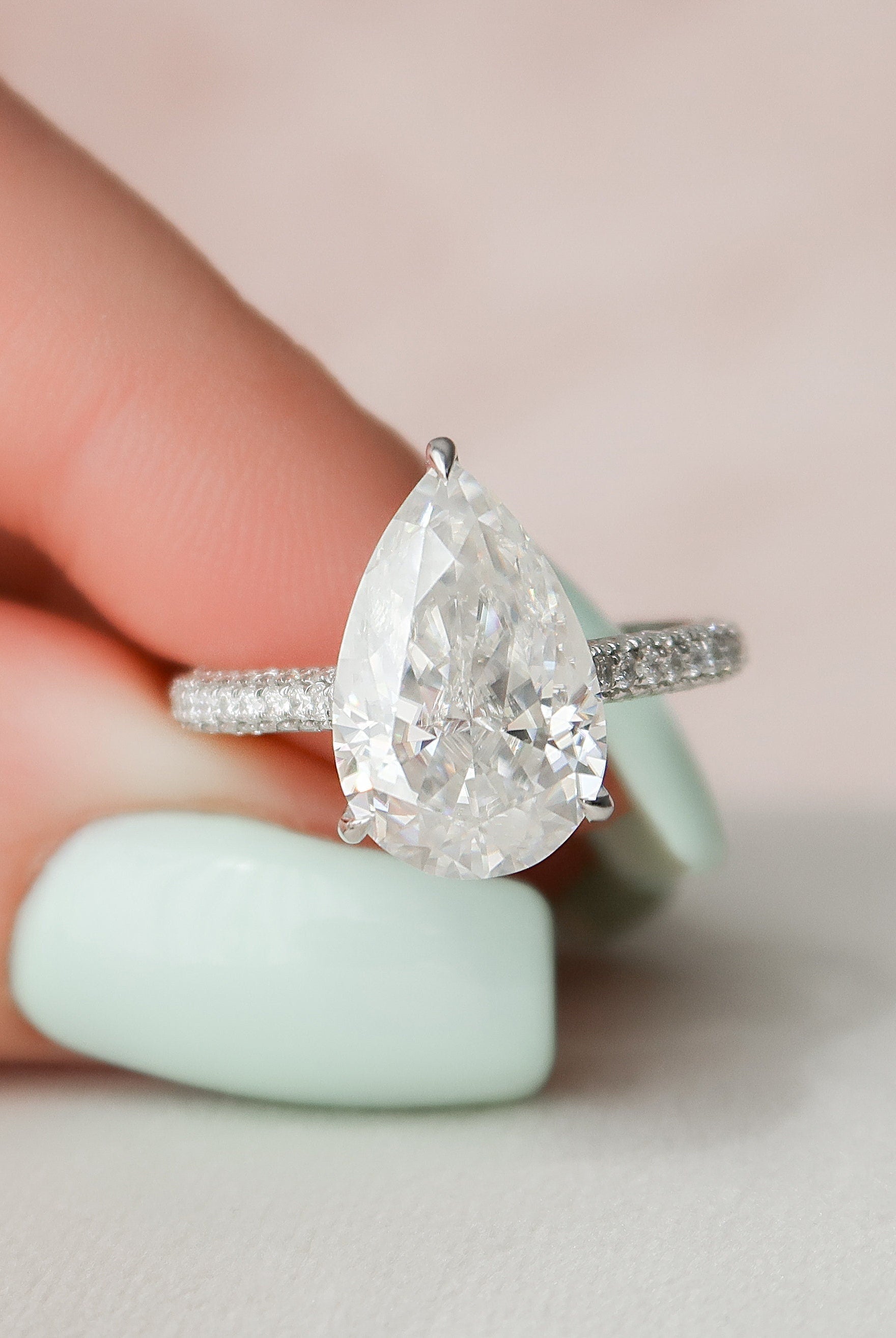 5.0CT Pear Three Sided Pave Moissanite Diamond Hidden Halo Engagement Ring In Solid Gold
