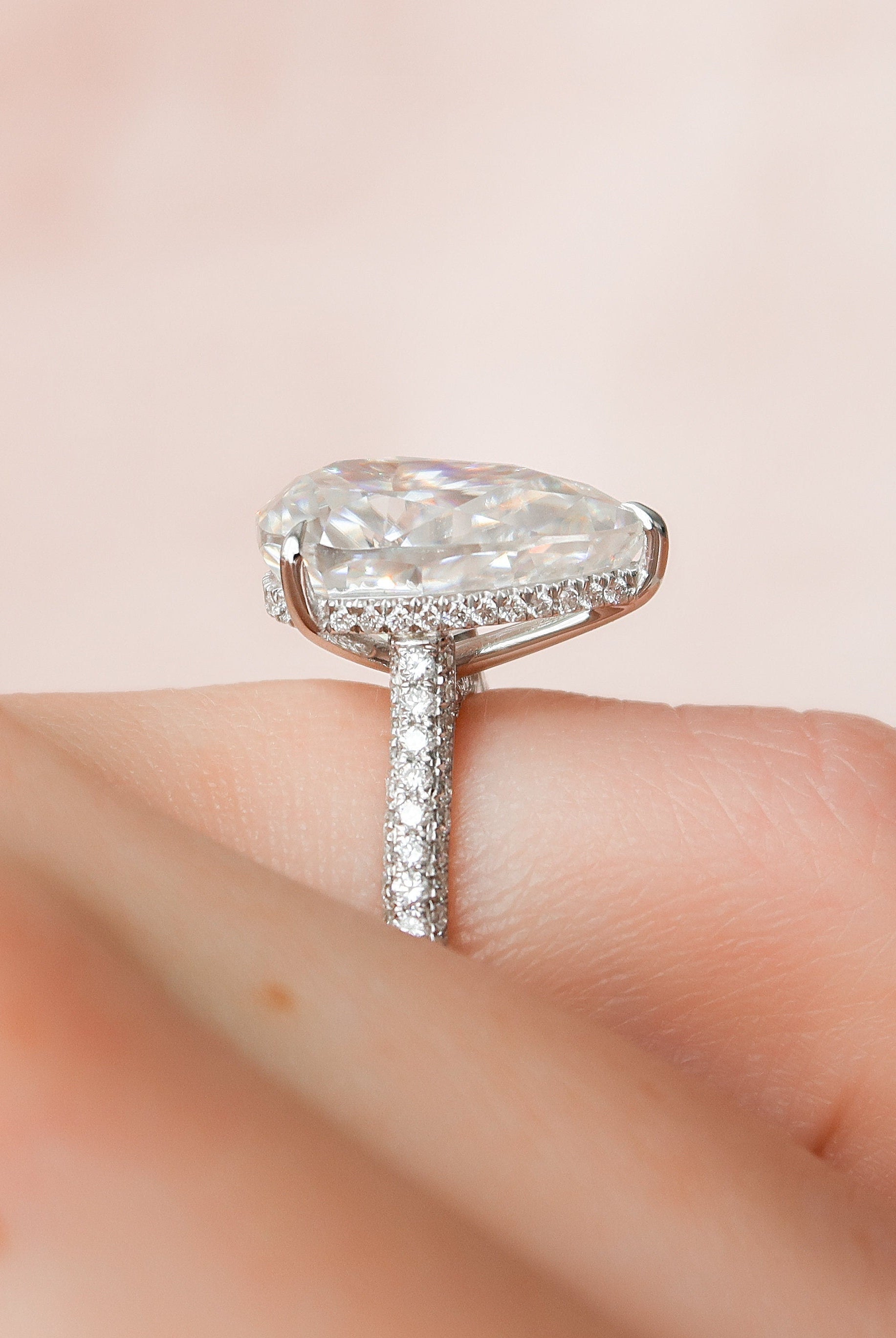 5.0CT Pear Three Sided Pave Moissanite Diamond Hidden Halo Engagement Ring In Solid Gold