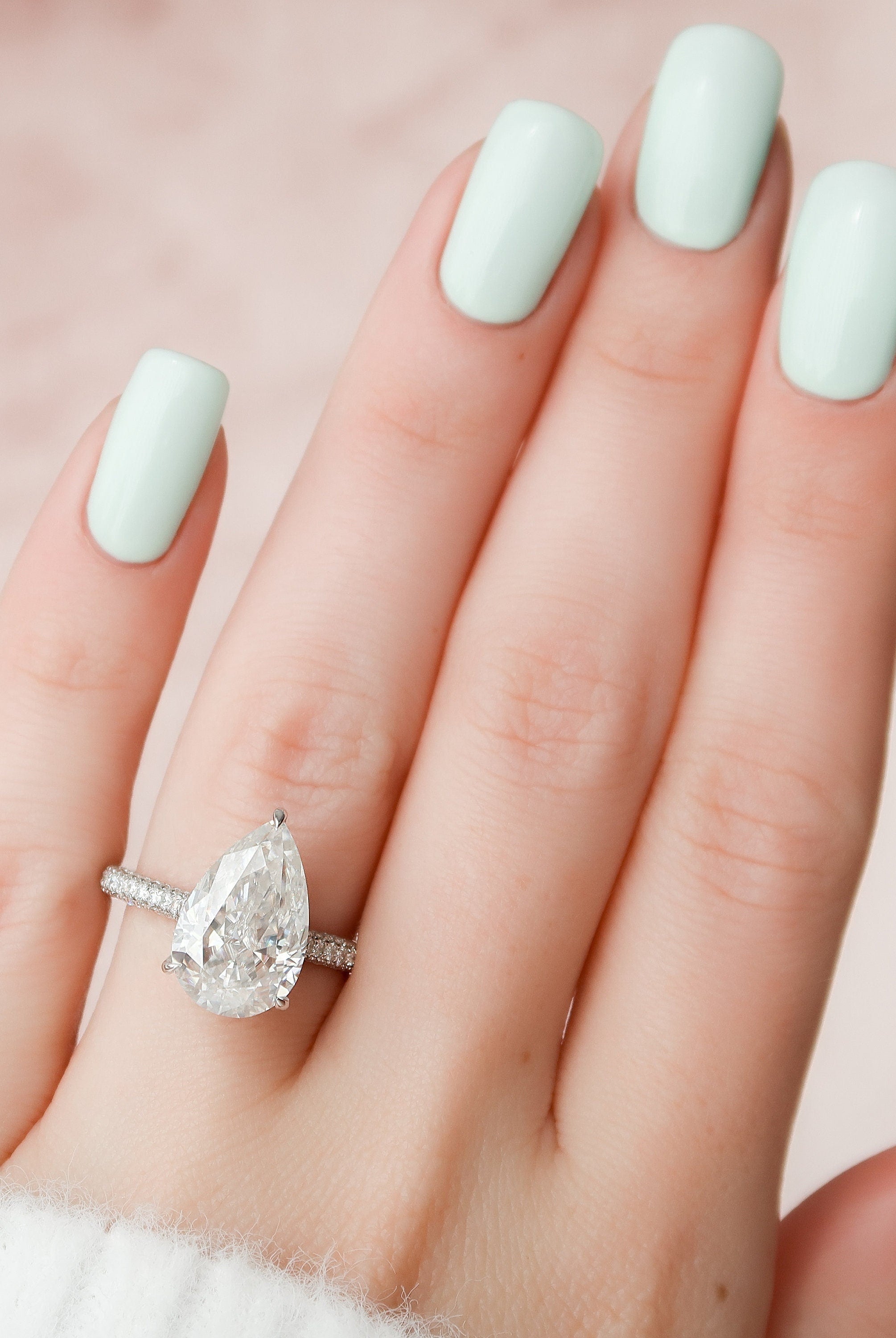 5.0CT Pear Three Sided Pave Moissanite Diamond Hidden Halo Engagement Ring In Solid Gold