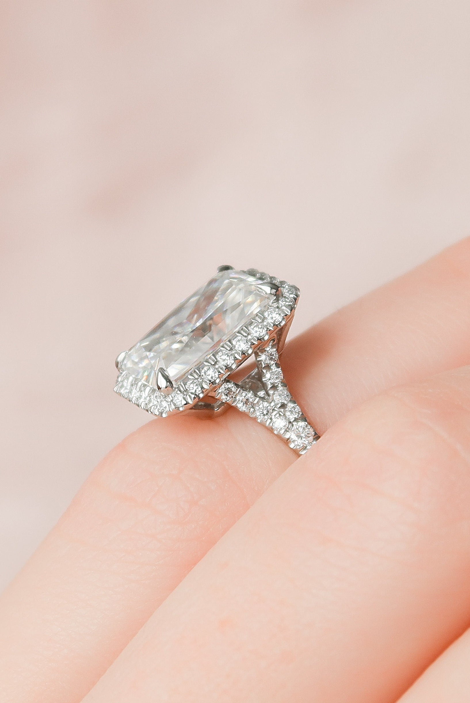5.50CT Radiant Halo Moissanite Diamond Split Shank Engagement Ring
