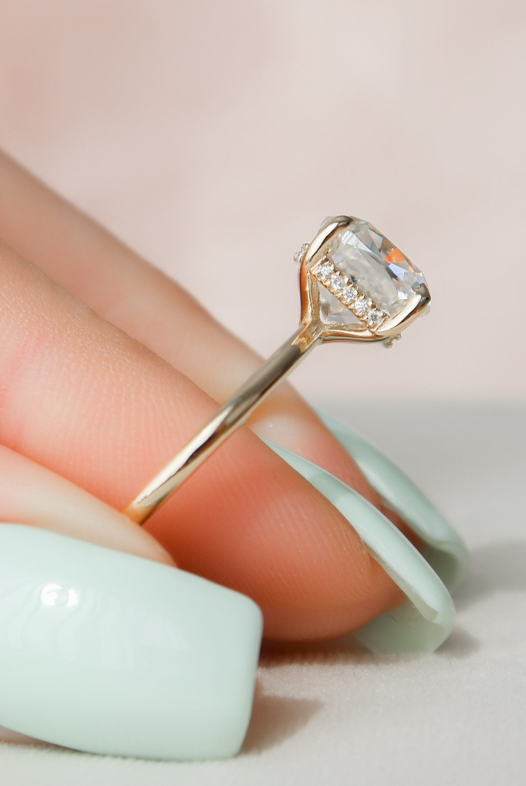 3.50CT Cushion Hidden Halo Moissanite Diamond Solitaire Engagement Ring In Solid Gold