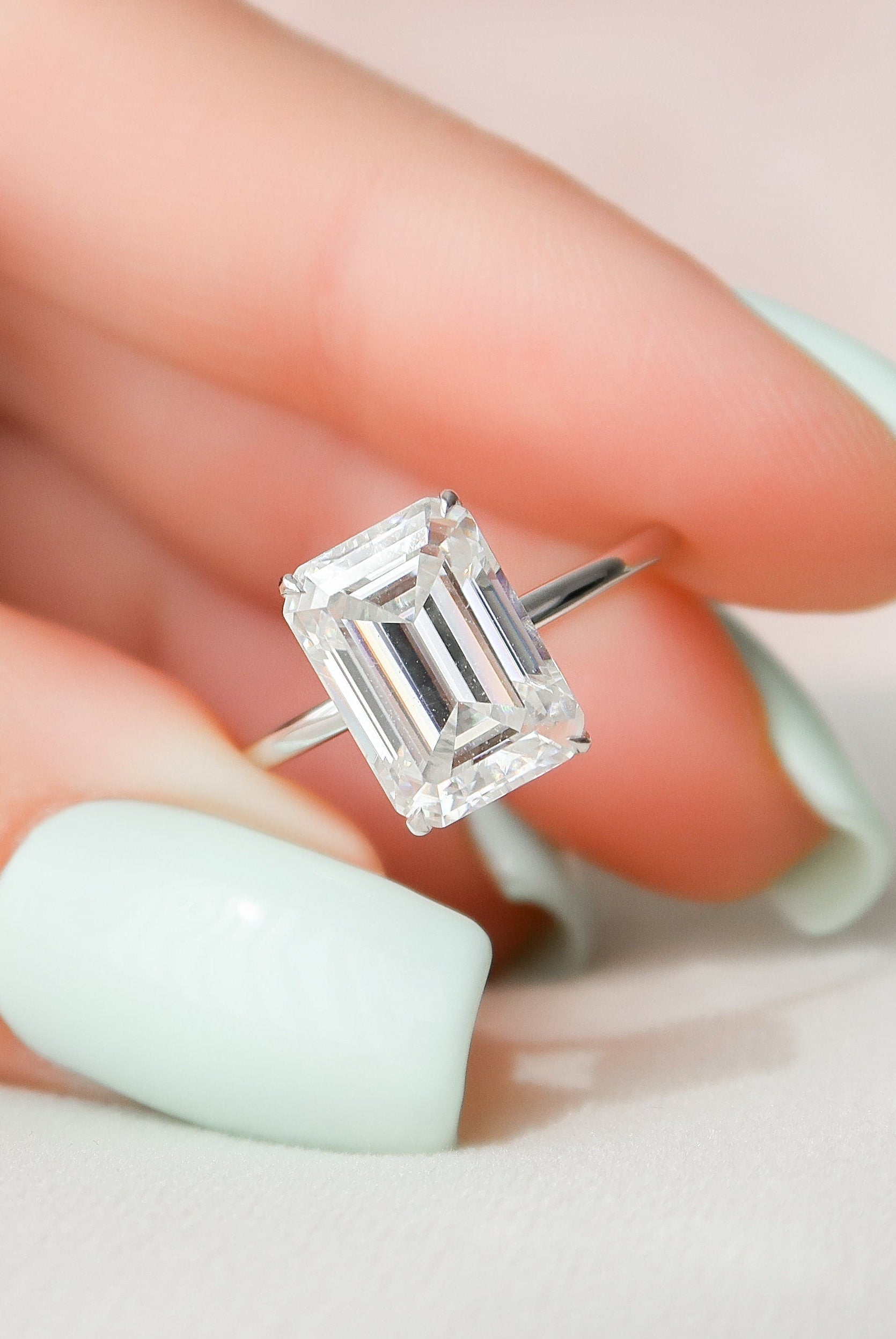 4.50CT Emerald Cut Hidden Halo Moissanite Diamond Open Setting Engagement Ring