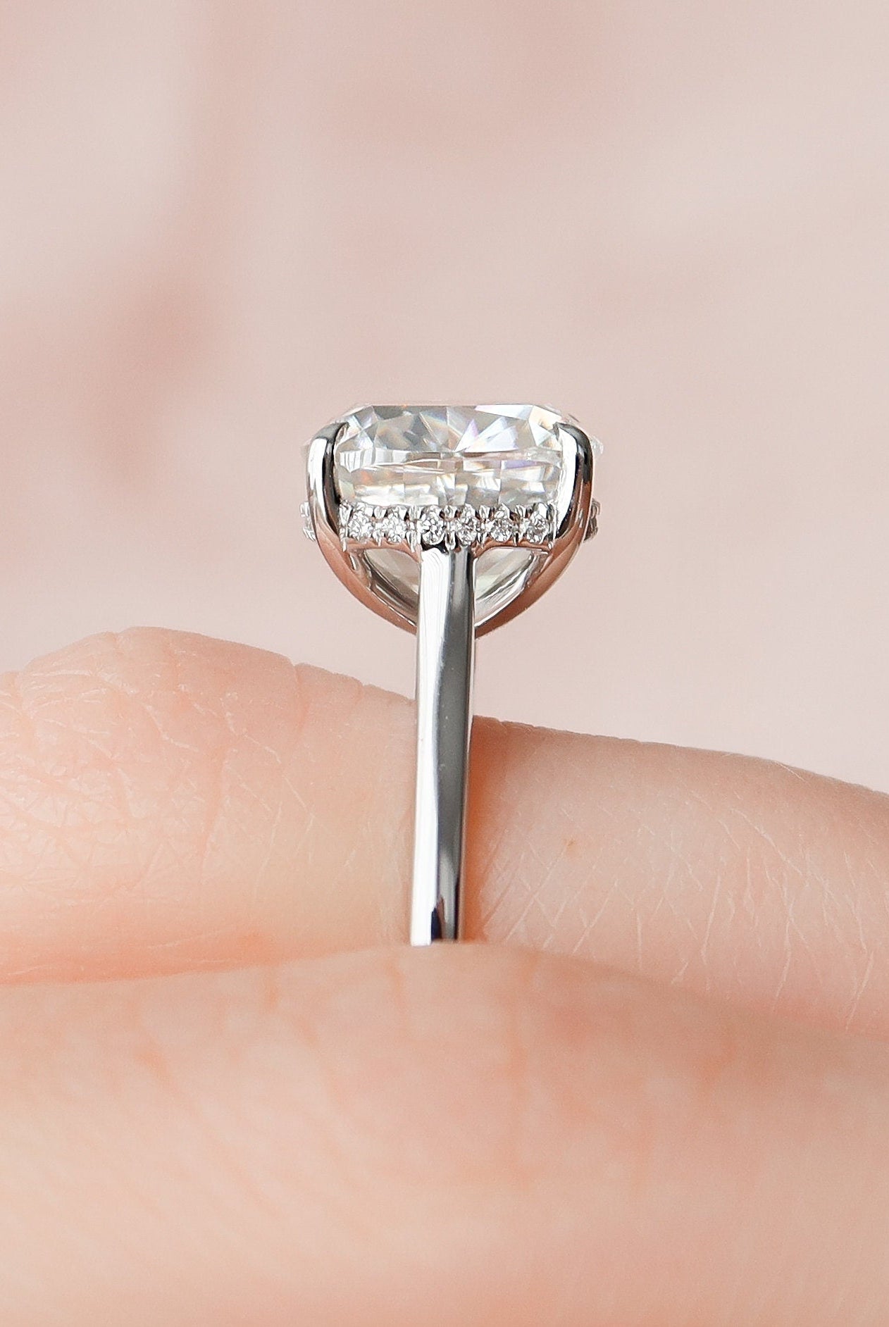 4.0CT Cathedral Set Cushion Moissanite Diamond Hidden Halo Engagement Ring
