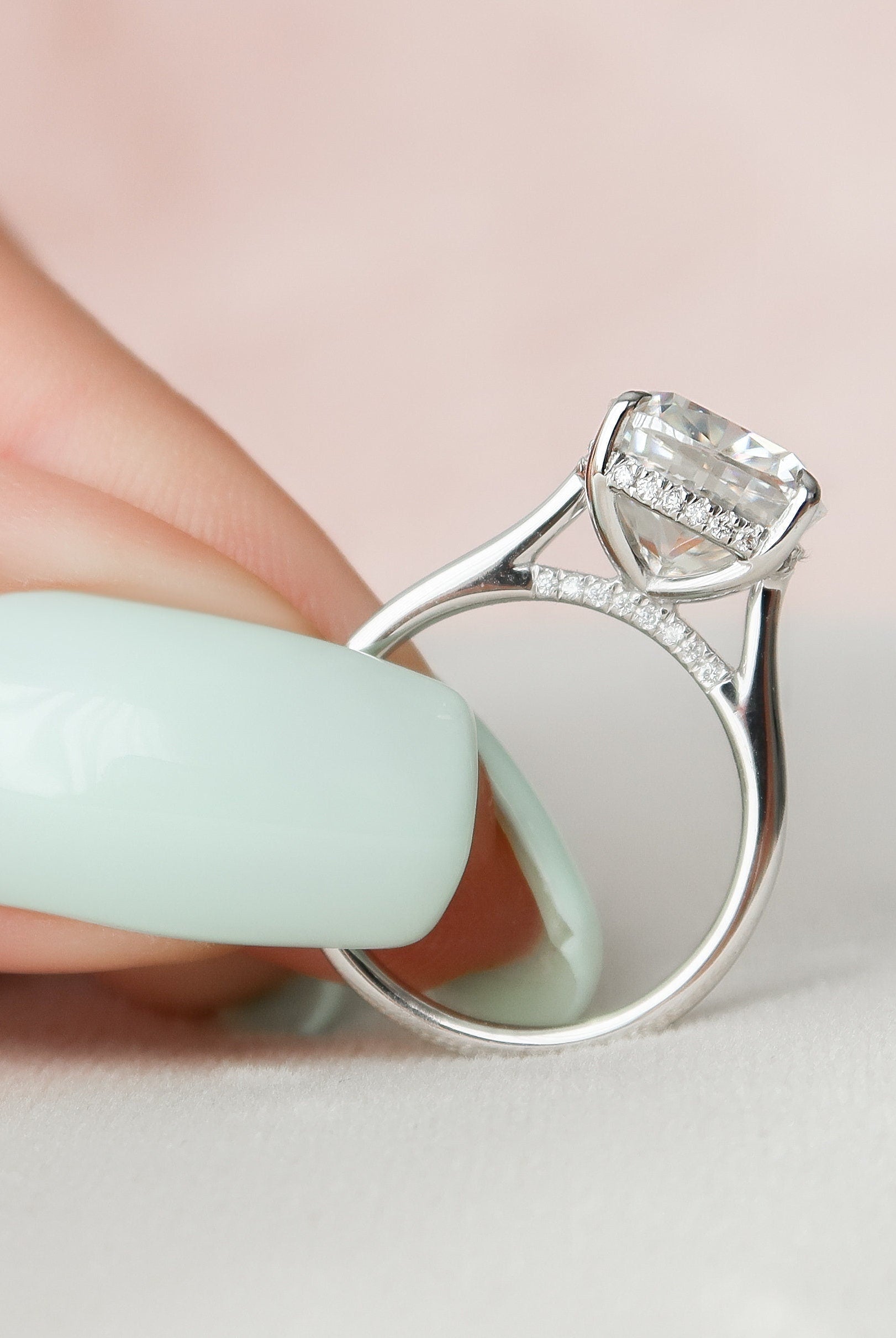 4.0CT Cathedral Set Cushion Moissanite Diamond Hidden Halo Engagement Ring